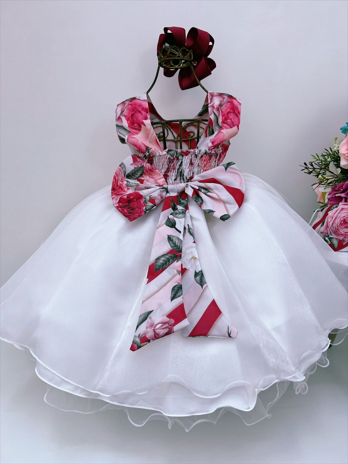 Vestido Infantil Floral Off Cinto Pérolas