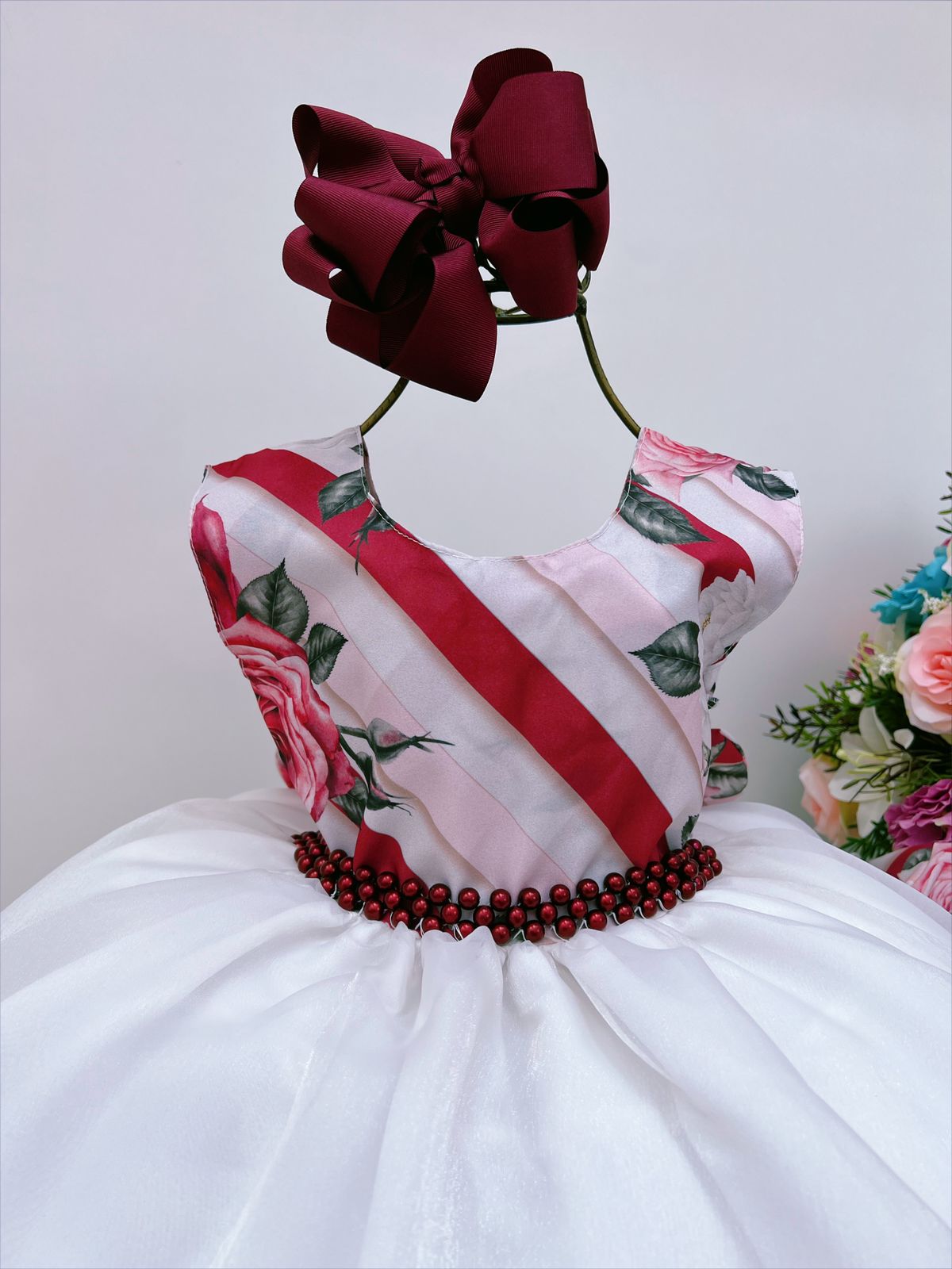 Vestido Infantil Floral Off Cinto Pérolas