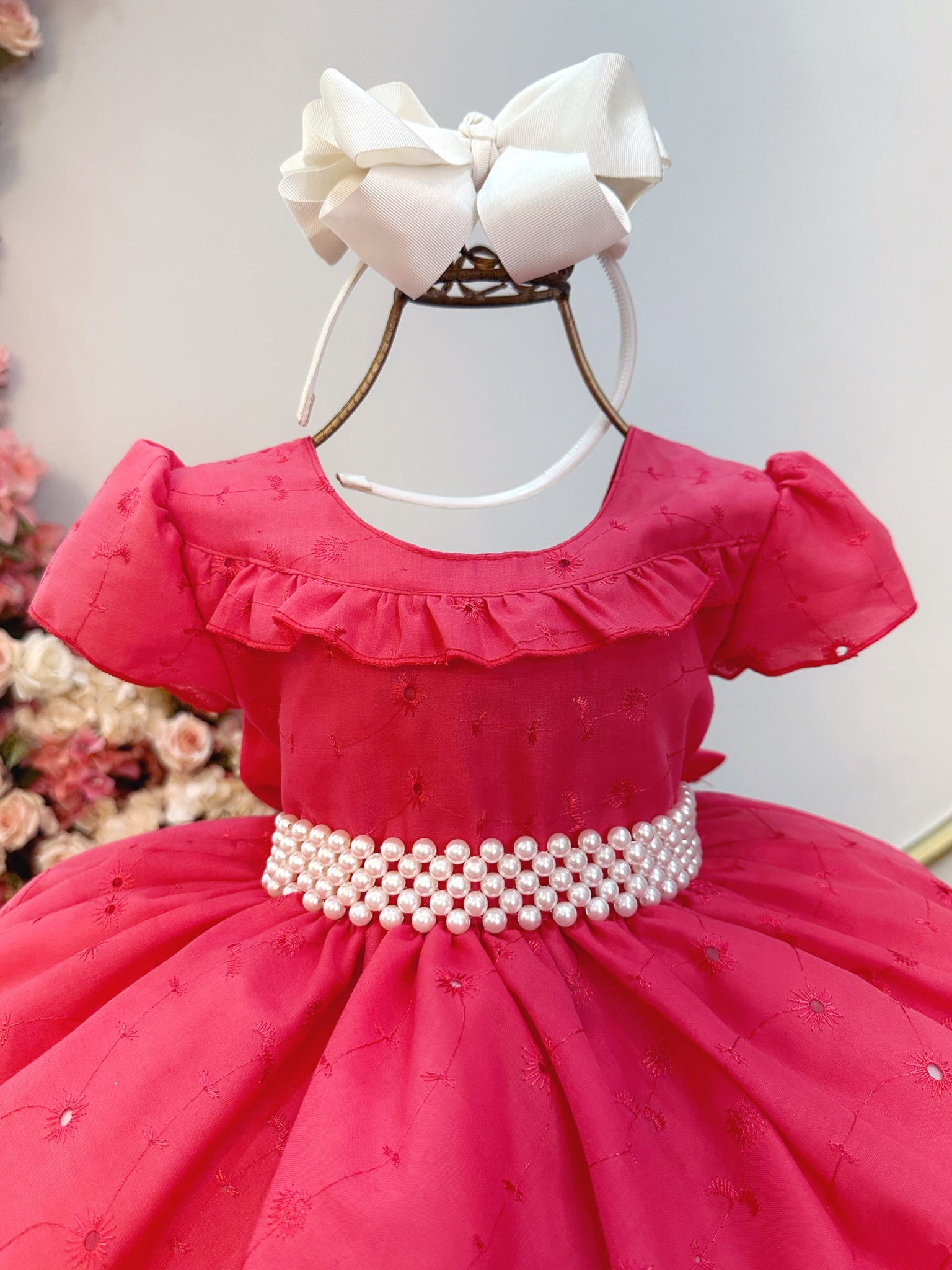 Vestido Infantil Goiaba Laise C/ Babados Luxo Daminhas Festas