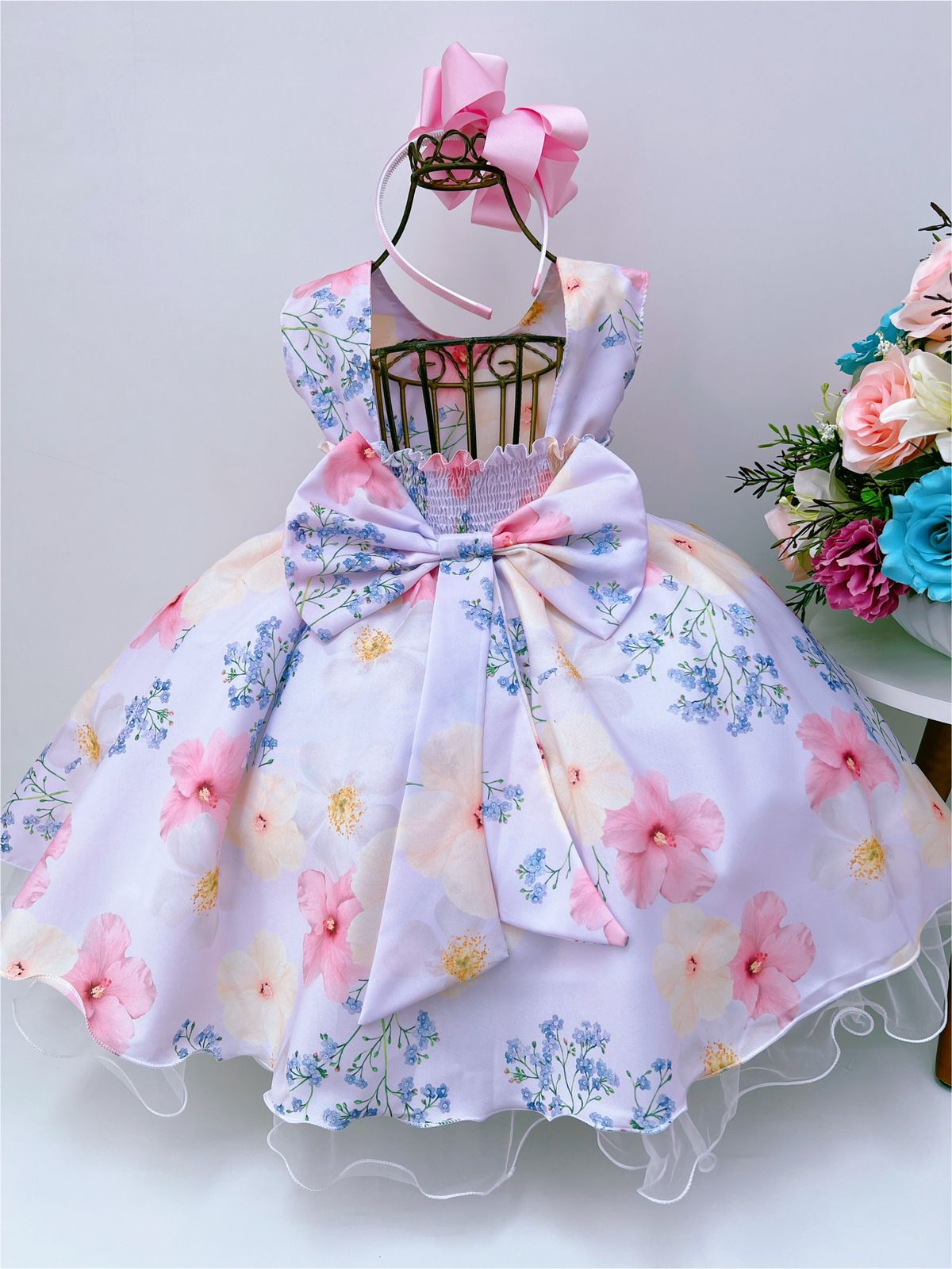 Vestido Infantil Lilás Colorido Jardim das Flores Pérolas
