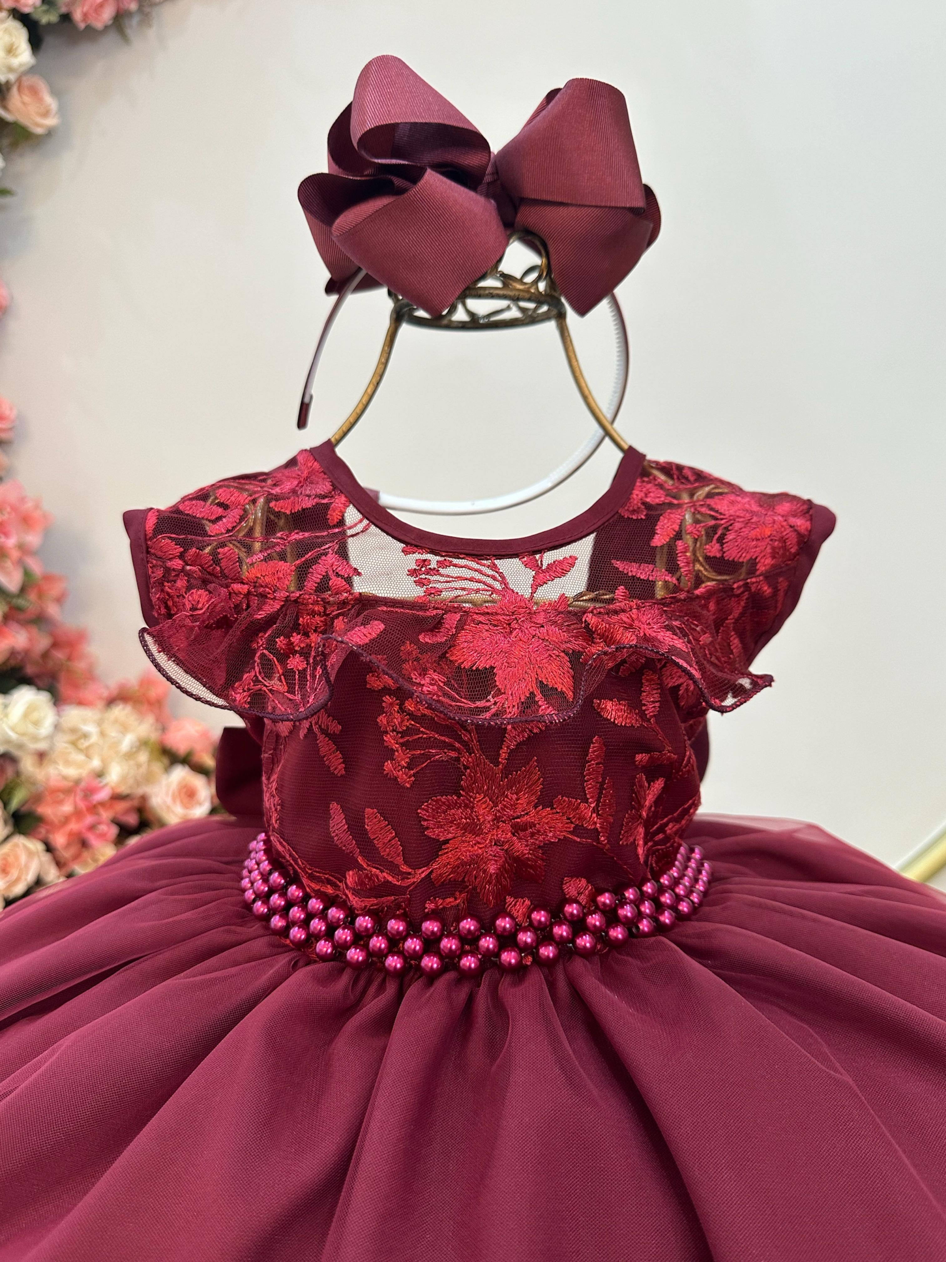 Vestido Infantil Marsala C/ Babados e Renda  Daminhas Festas