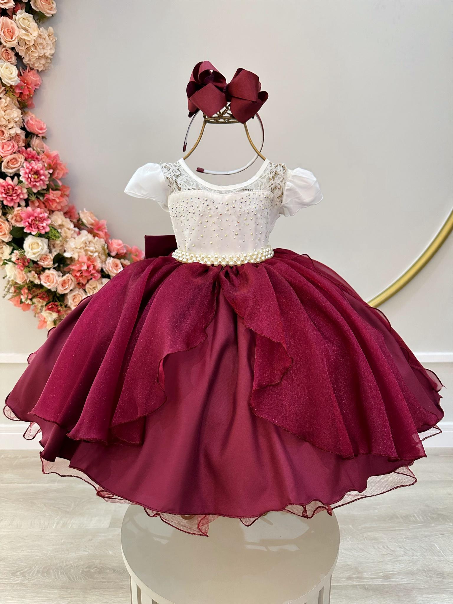 Vestido Infantil Marsala e Off Luxo Festas