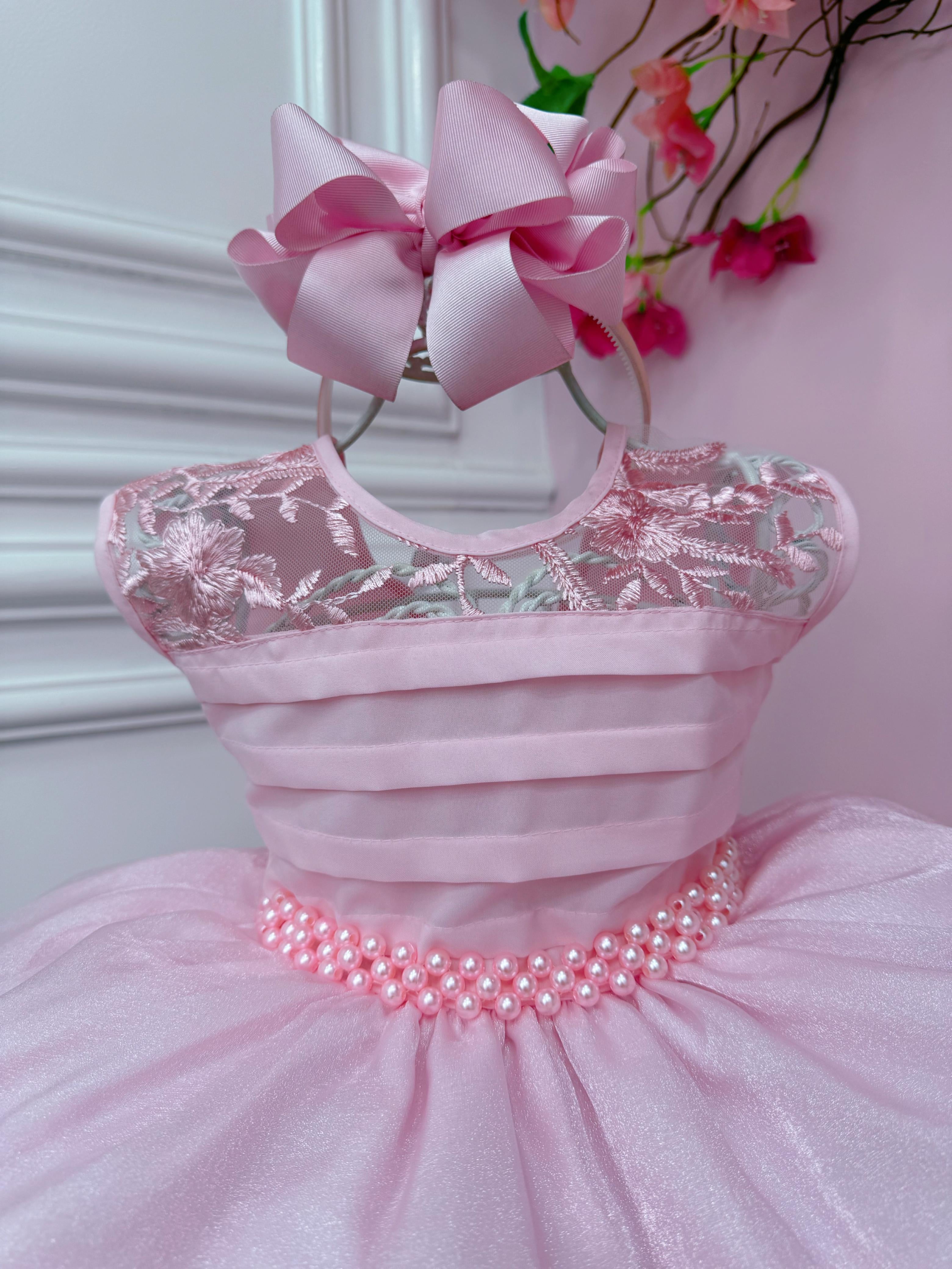 Vestido Infantil Rosa C/ Renda e Busto Plissado Daminhas