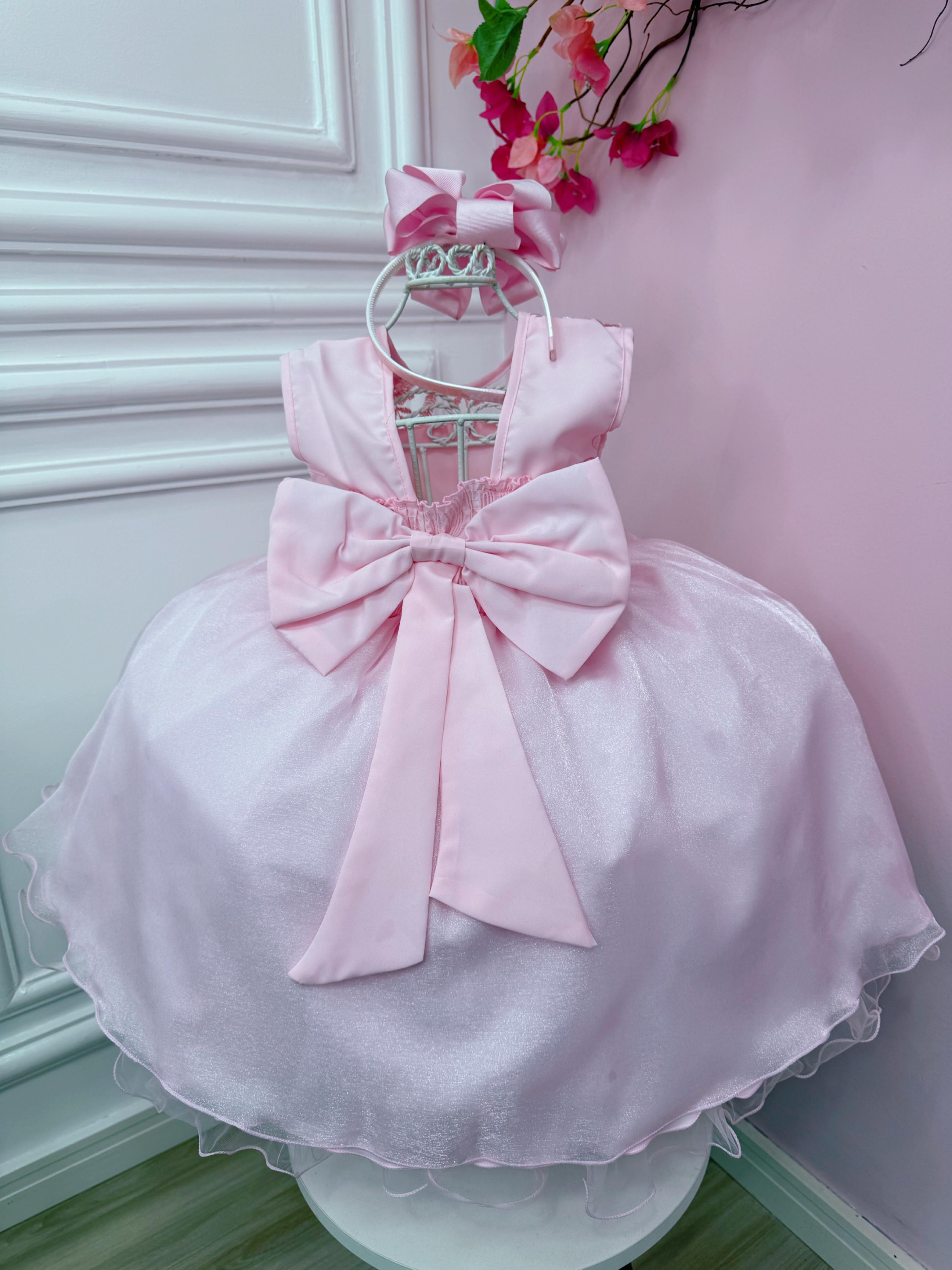 Vestido Infantil Rosa C/ Renda e Busto Plissado Daminhas