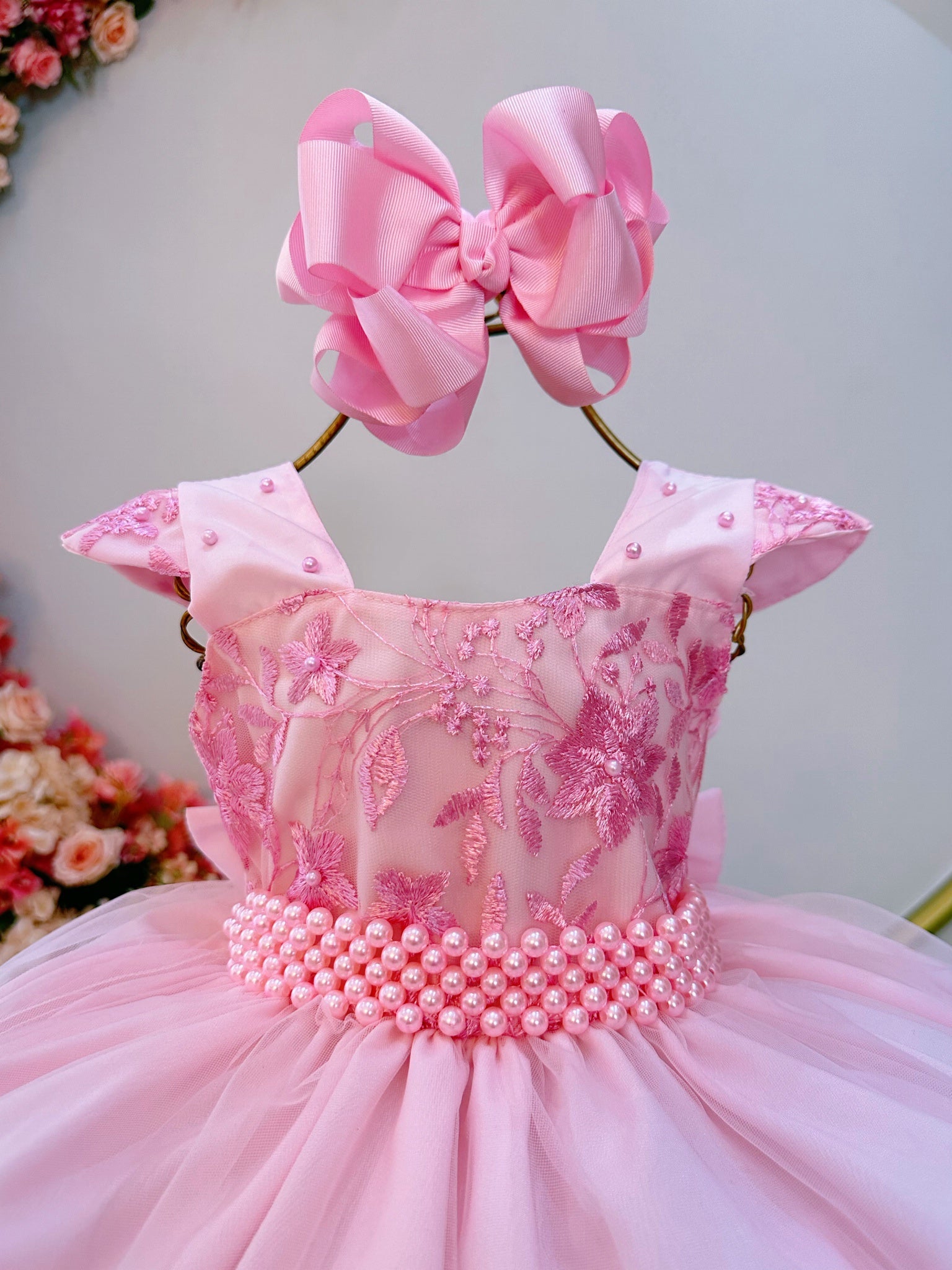 Vestido Infantil Rosa Claro C/ Renda Luxo Casamento Festas
