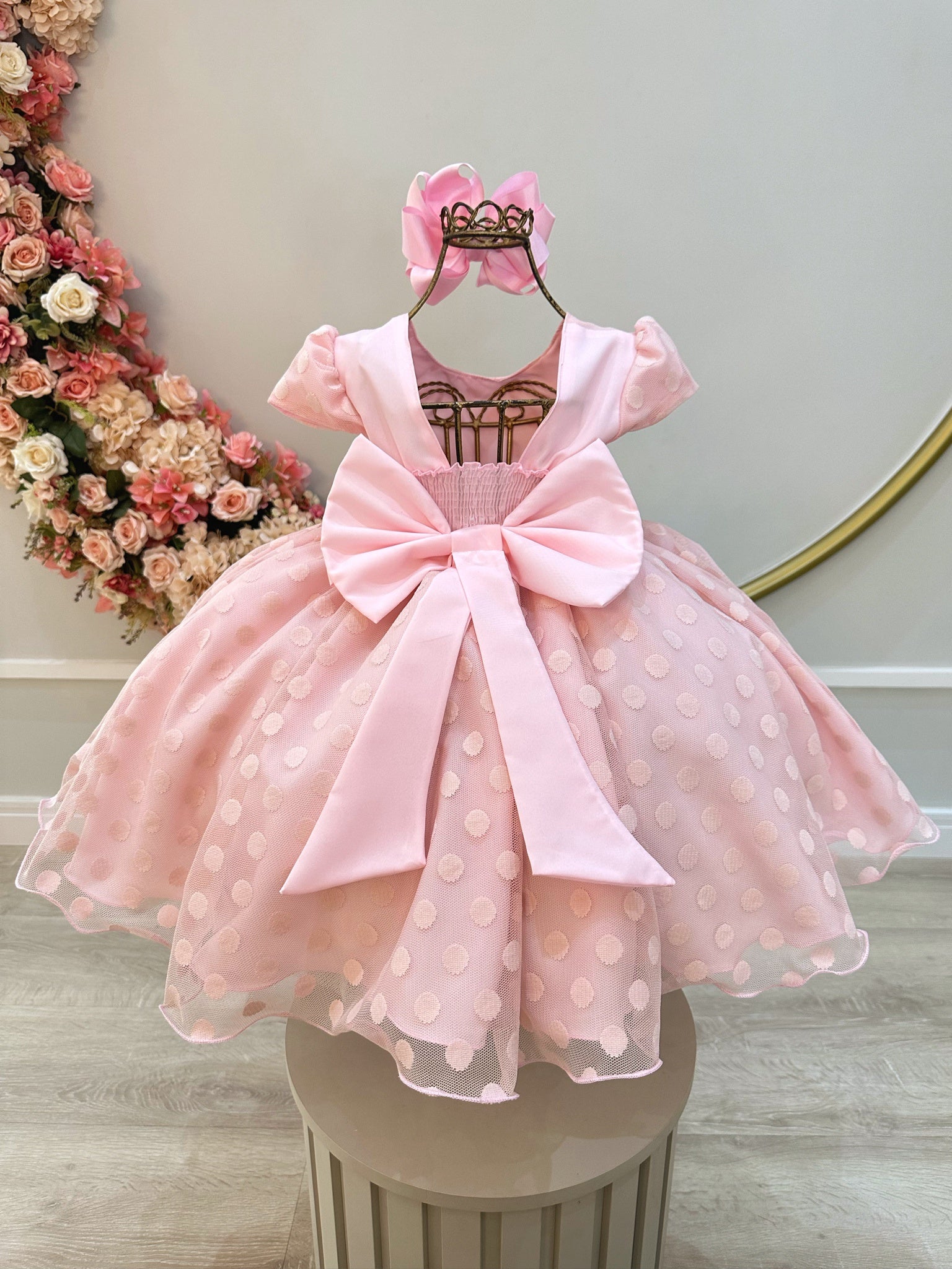 Vestido Infantil Rosa Claro Tule C/ Bolinhas e Pérolas Luxo