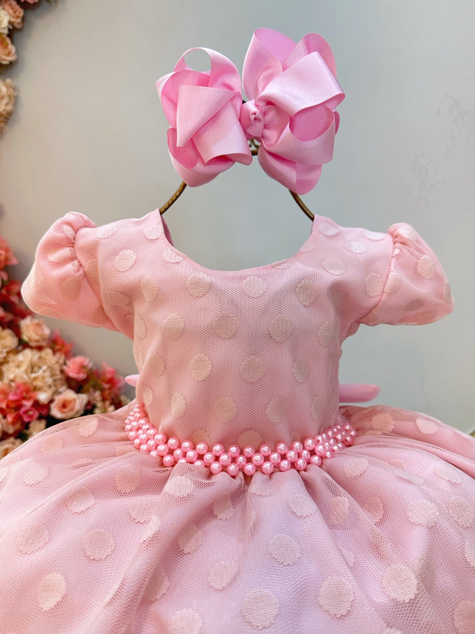 Vestido Infantil Rosa Claro Tule C/ Bolinhas e Pérolas Luxo