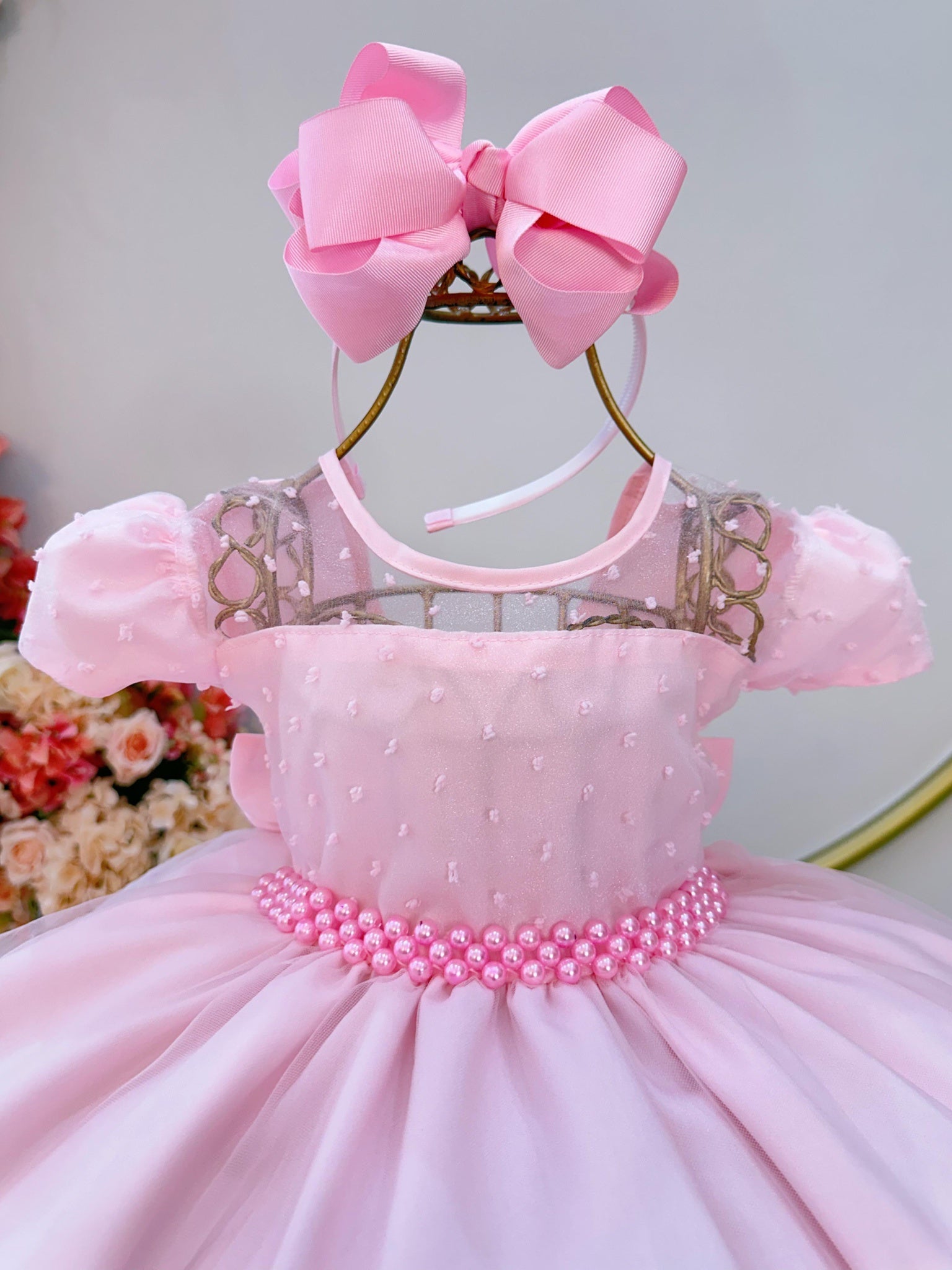 Vestido Infantil Rosa Claro Tule Pipoquinha Daminhas Festas