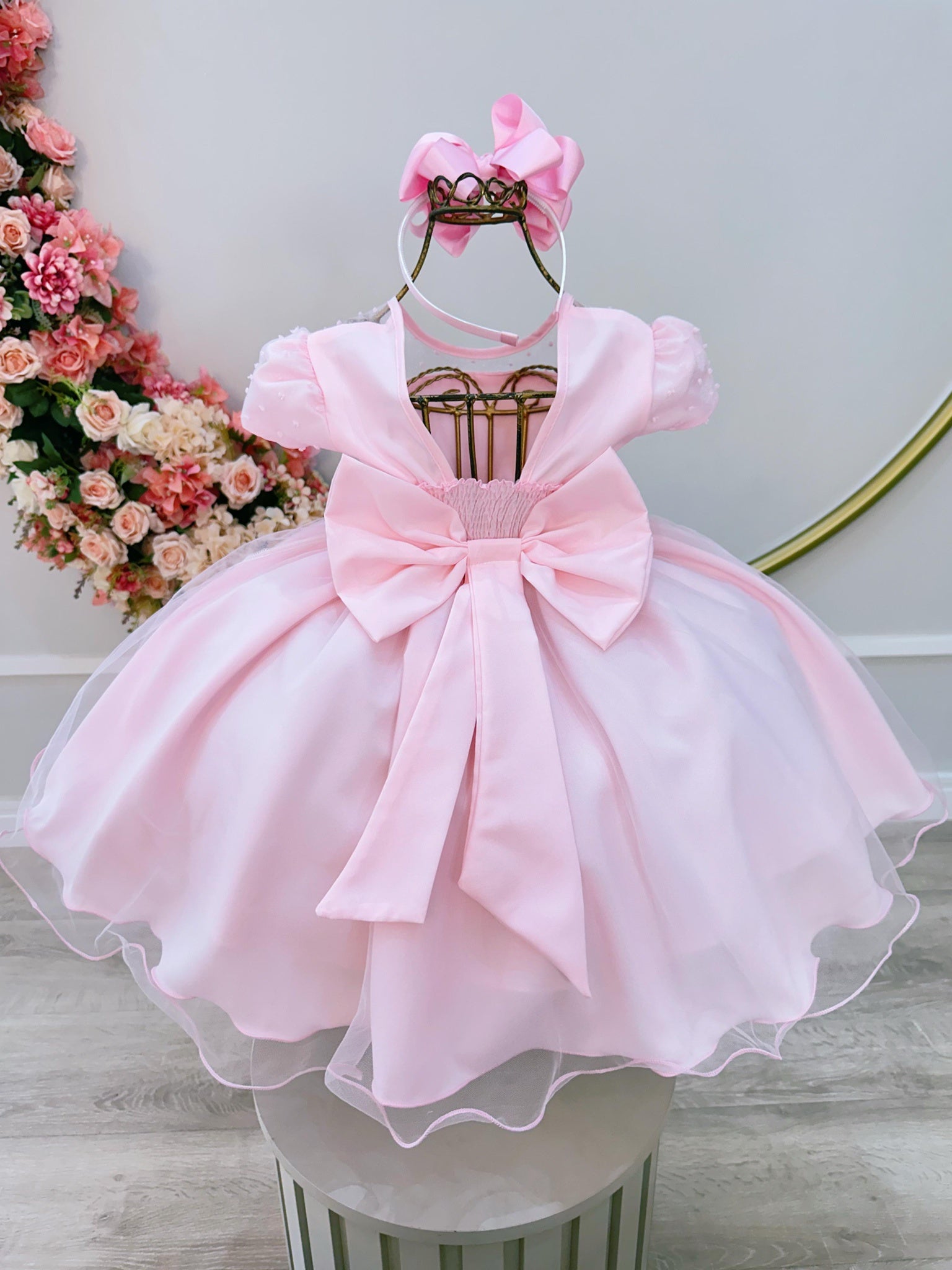 Vestido Infantil Rosa Claro Tule Pipoquinha Daminhas Festas