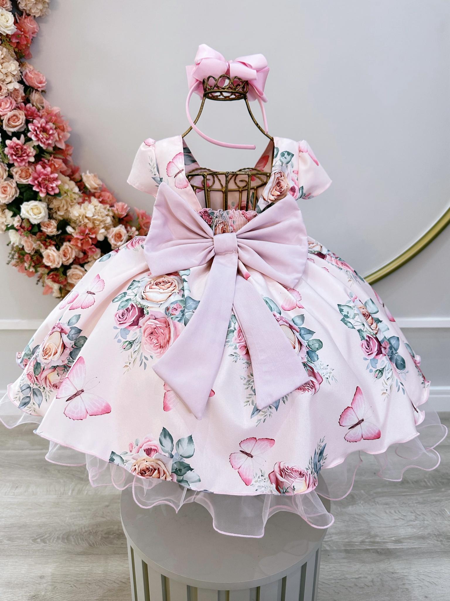 Vestido Infantil Rosa Jardim das Borboletas Damas Luxo Pérolas