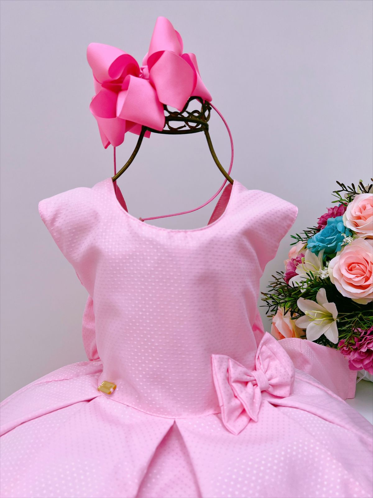 Vestido Infantil Rosa Luxo C/Máscara Sem Mangas