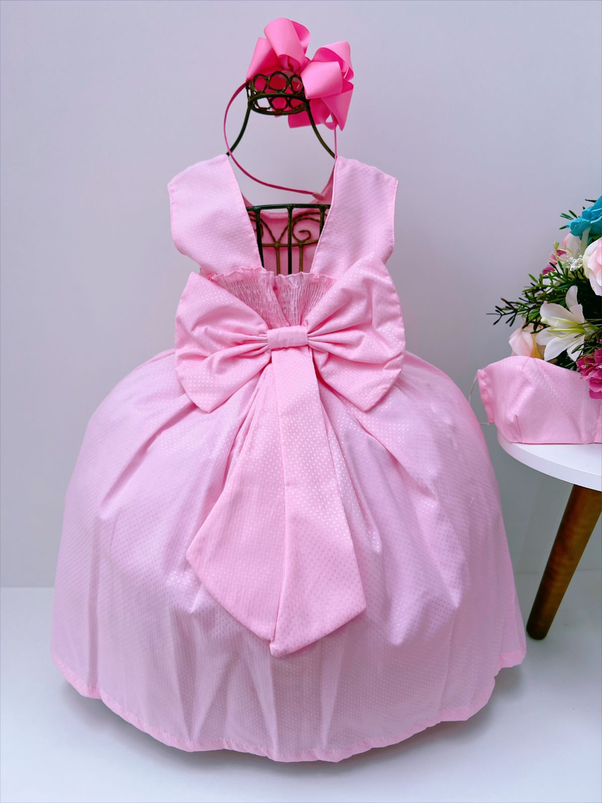 Vestido Infantil Rosa Luxo C/Máscara Sem Mangas