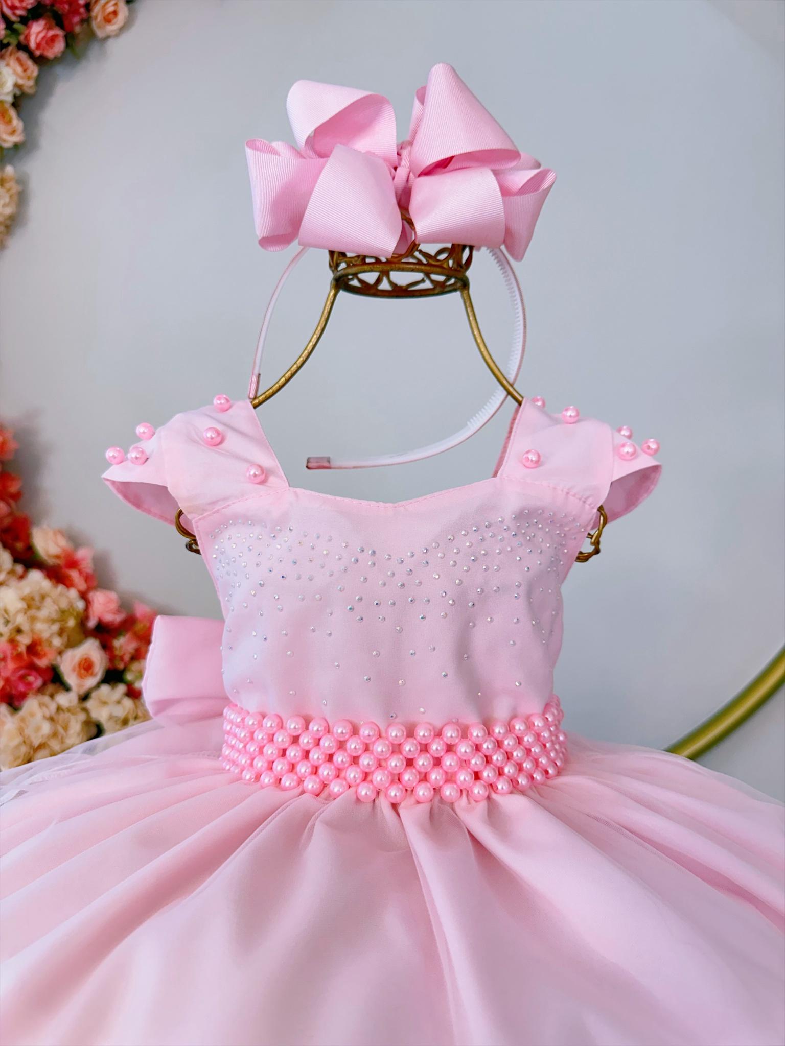 Vestido Infantil Rosa Saia Organza e Busto C/ Strass Luxo