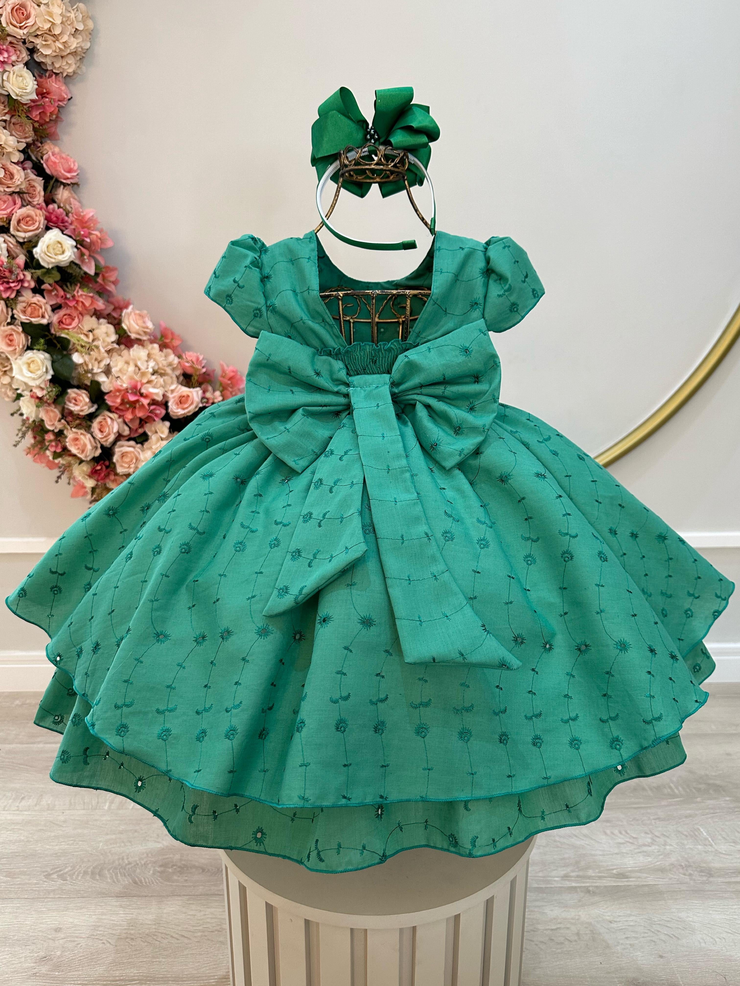 Vestido Infantil Verde Laise C/ Babados e Cinto de Pérolas