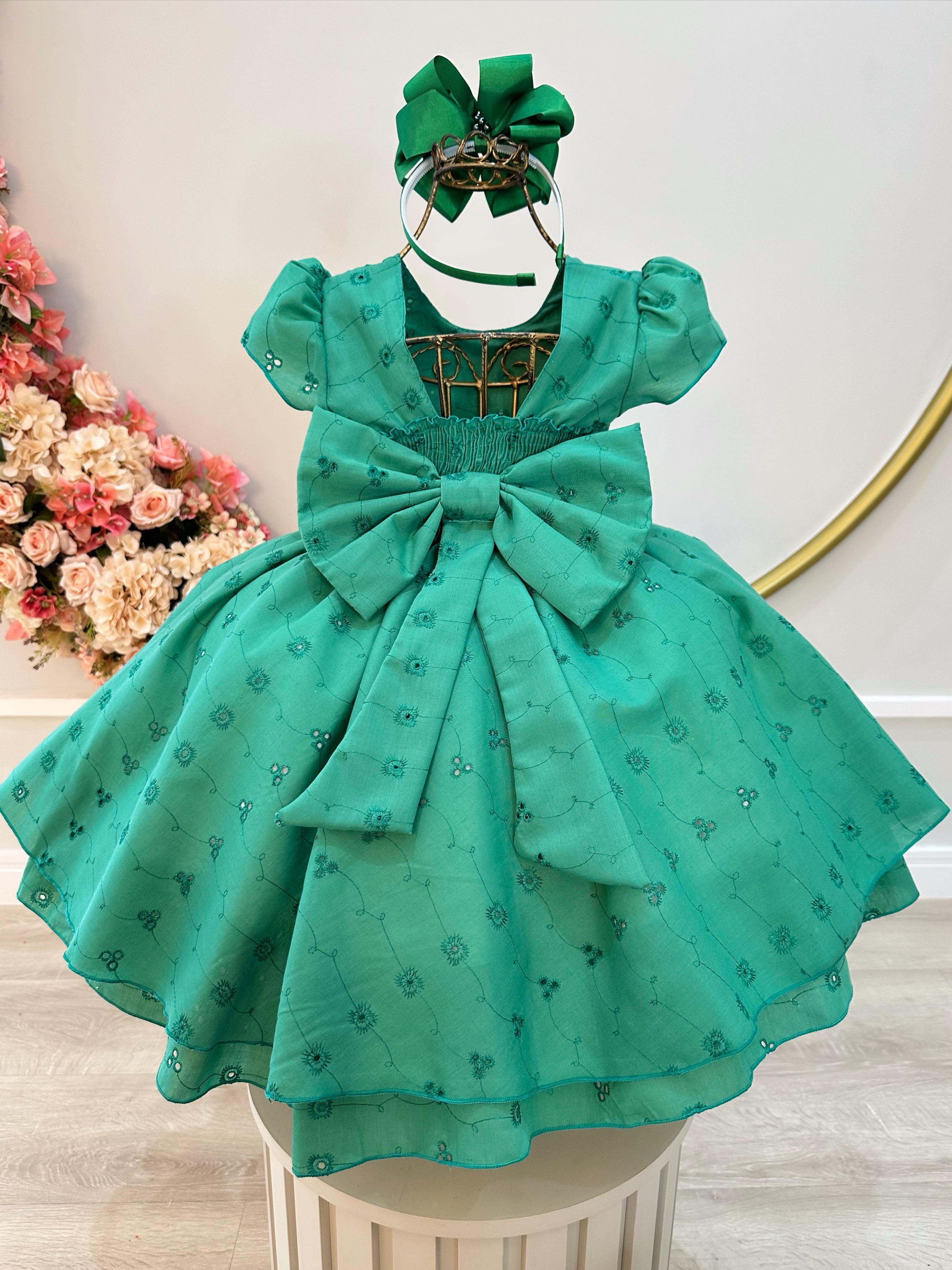 Vestido Infantil Verde Laise C/ Babados Luxo Daminhas Festas
