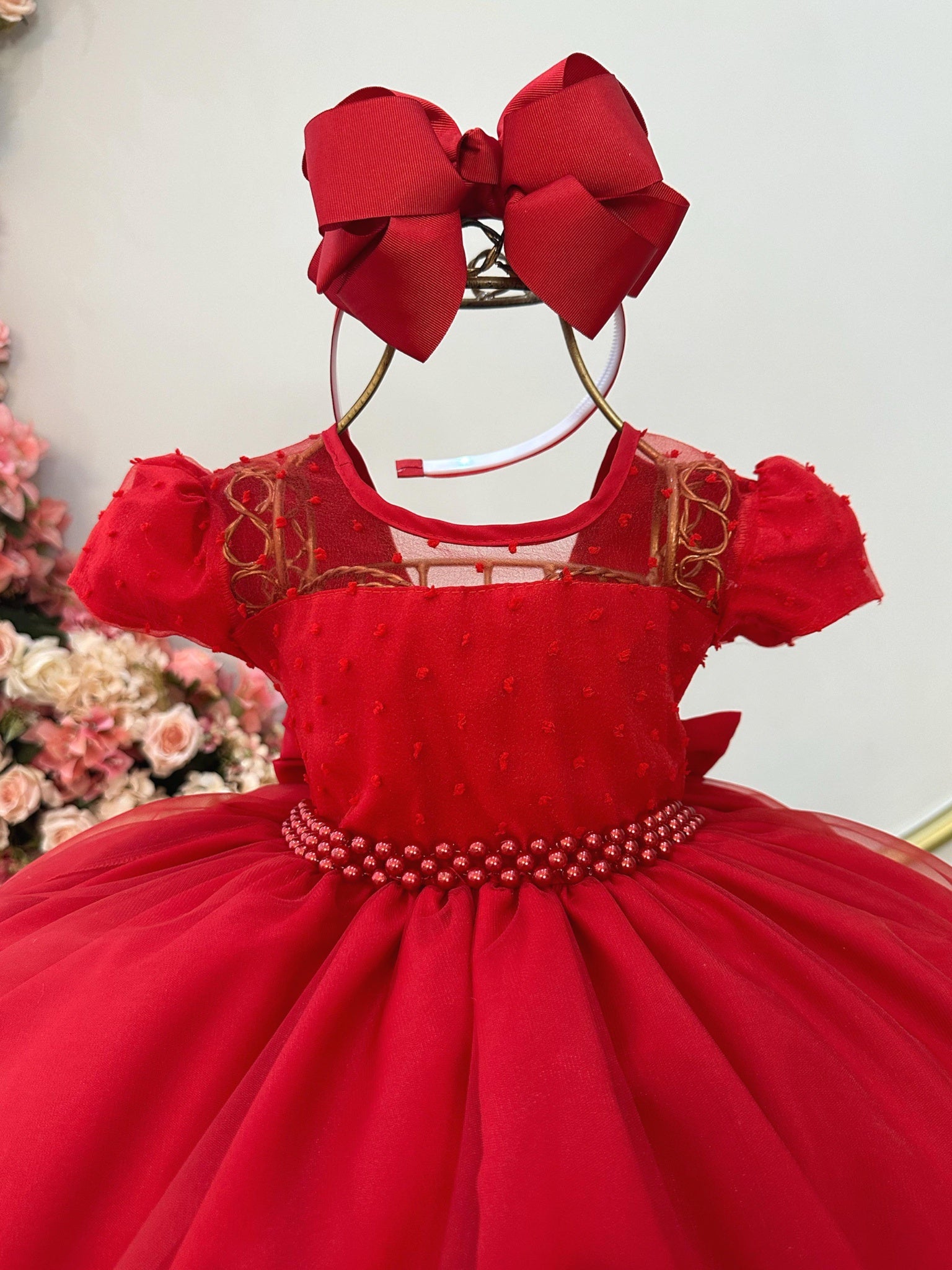 Vestido Infantil Vermelho C/ Tule Pipoquinha Daminhas Festas