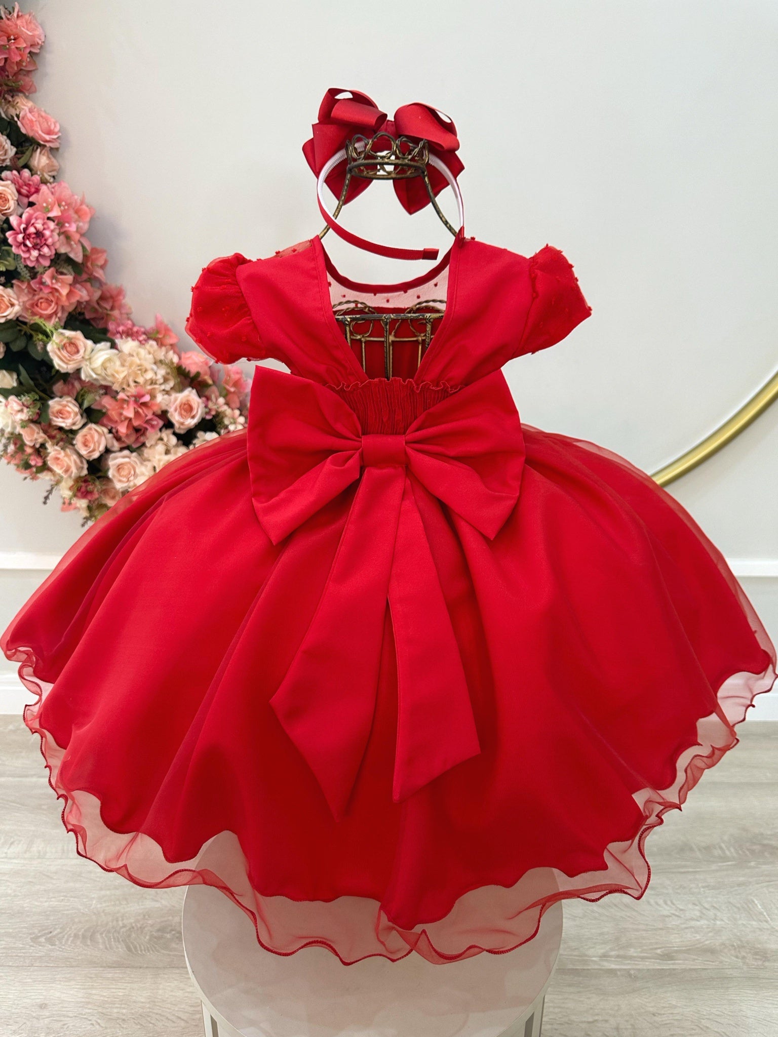 Vestido Infantil Vermelho C/ Tule Pipoquinha Daminhas Festas