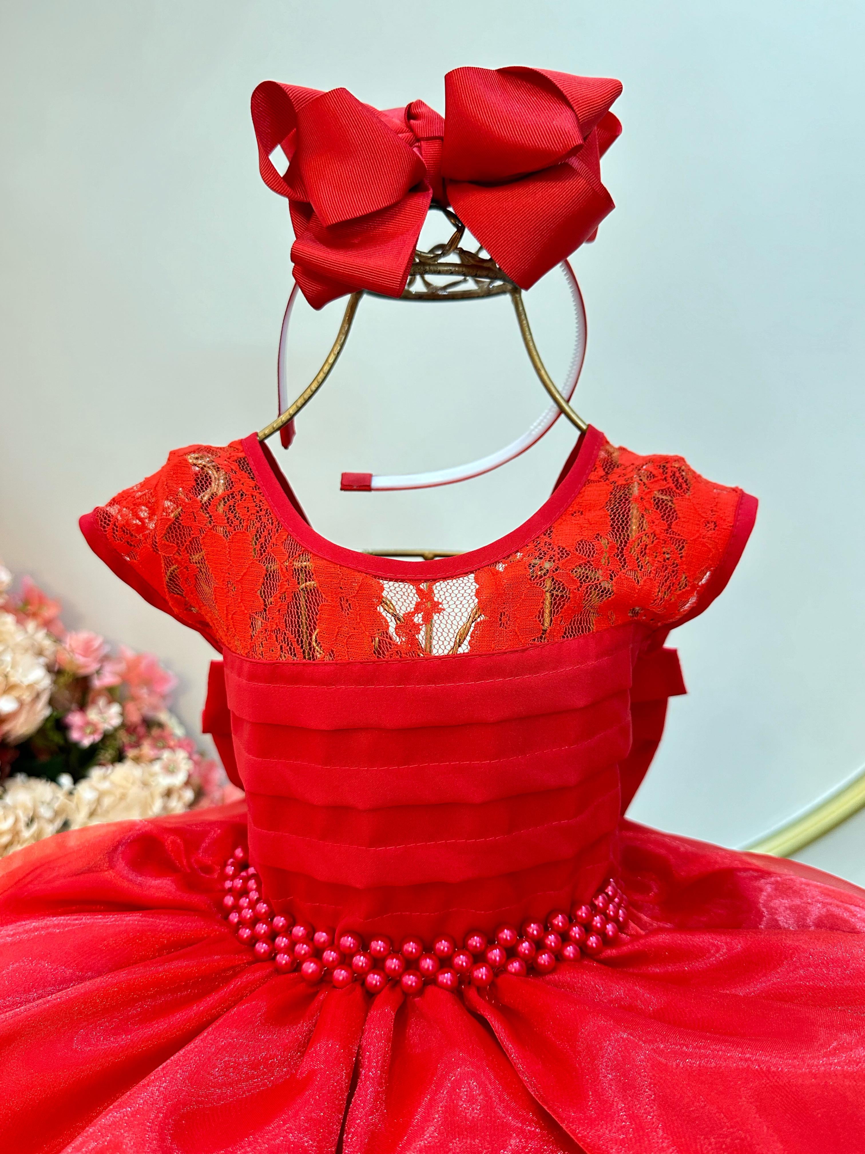 Vestido Infantil Vermelho Com Renda Cinto Pérolas