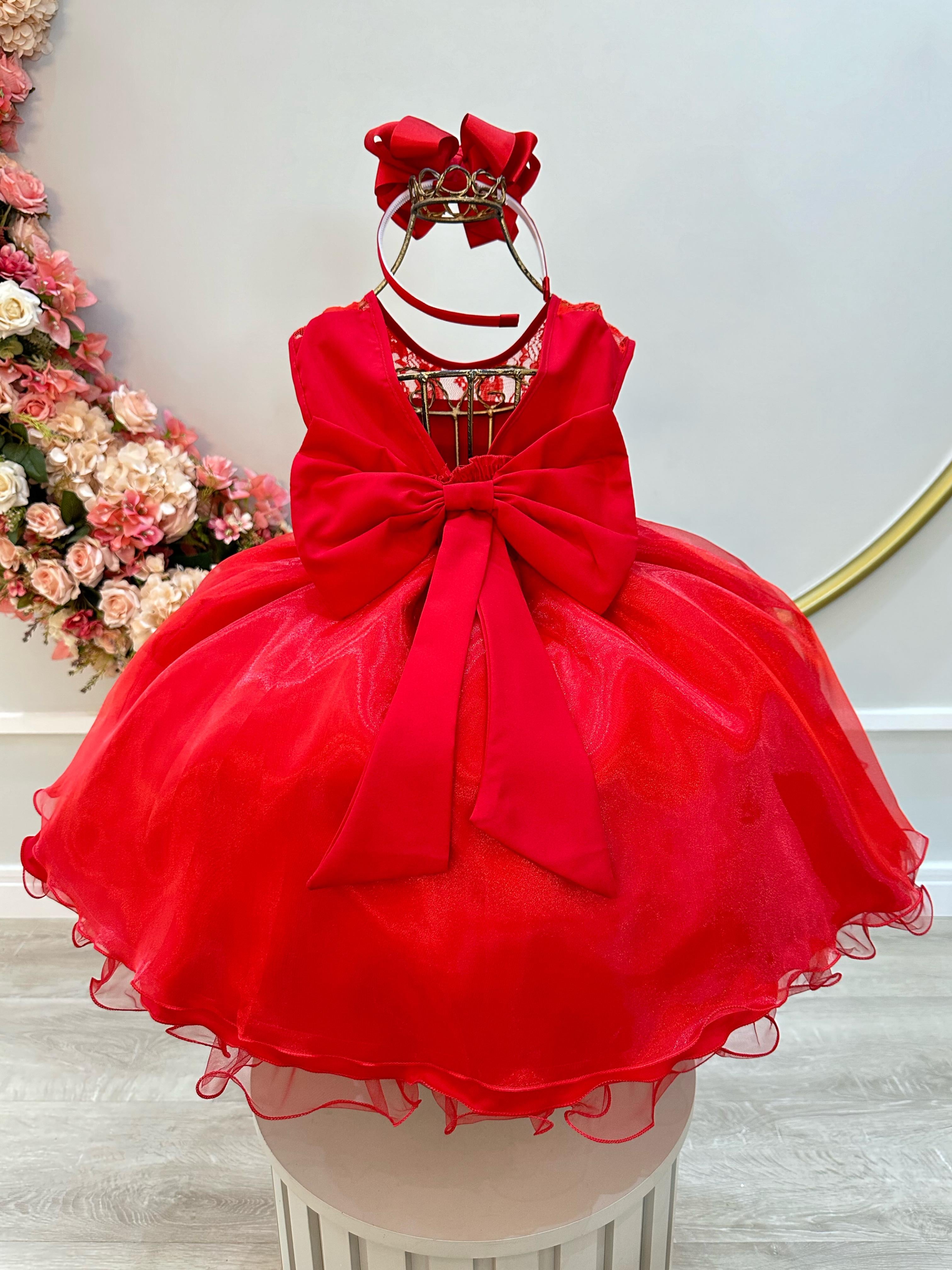 Vestido Infantil Vermelho Com Renda Cinto Pérolas