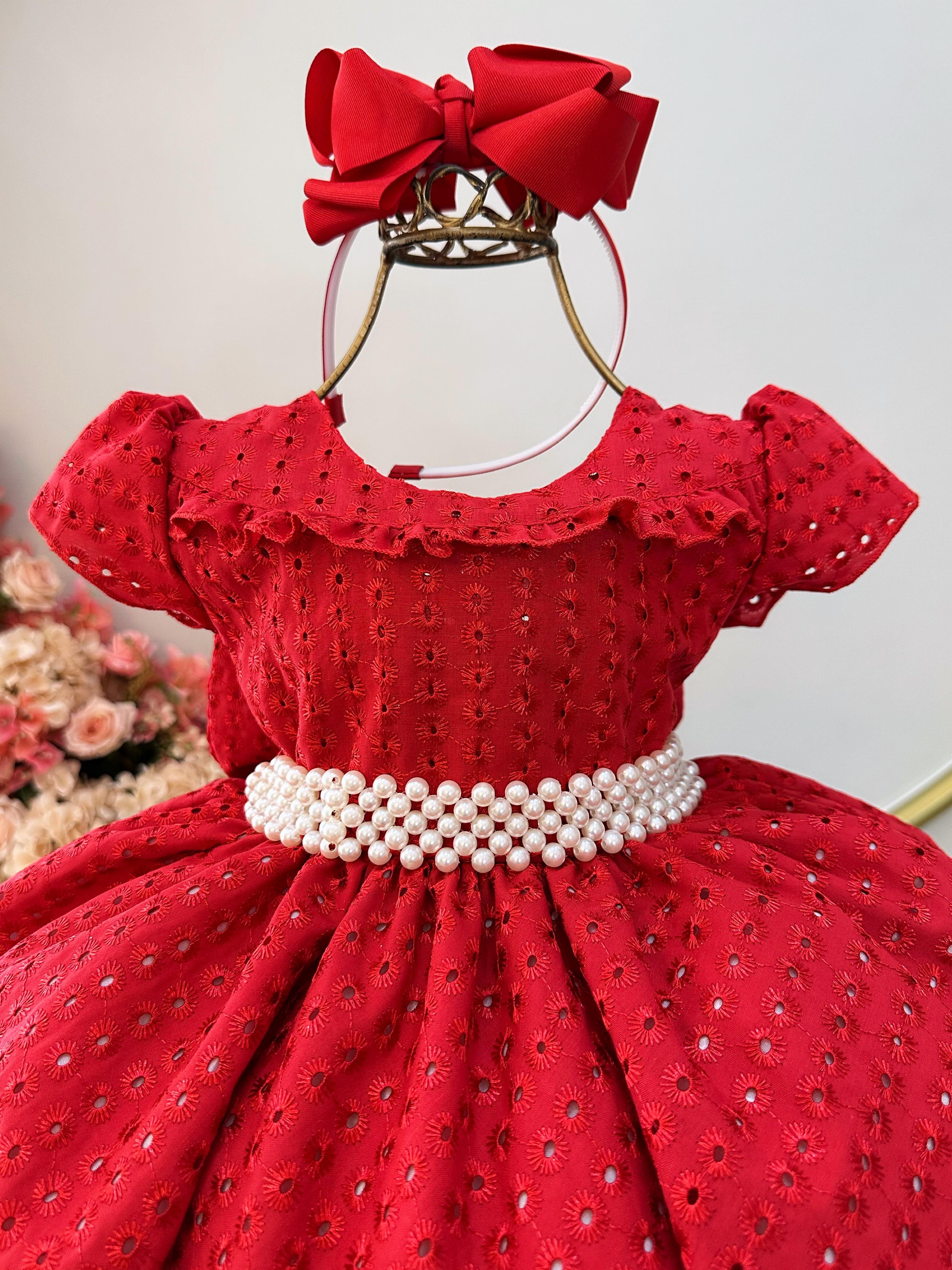Vestido Infantil Vermelho Laise C/ Babados Daminhas Festas
