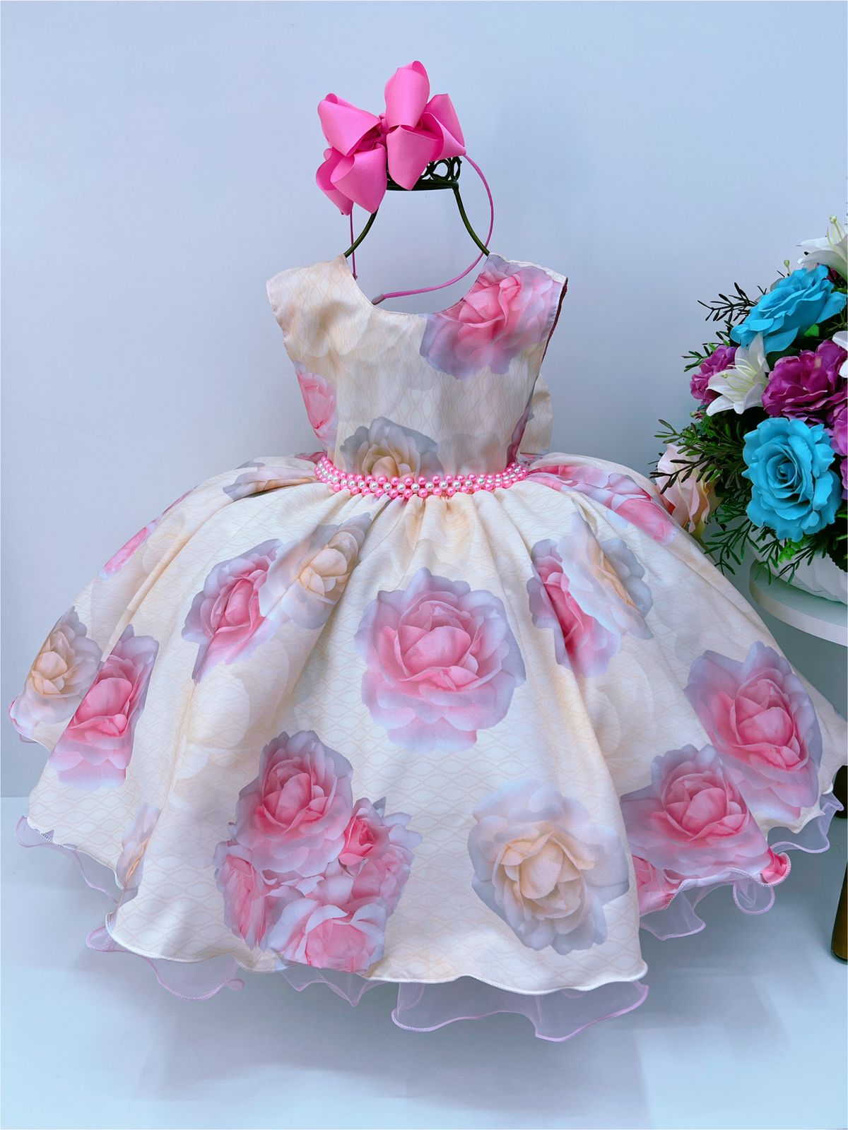 Vestido Infantil Amarelo Com Rosas Cinto De Pérolas