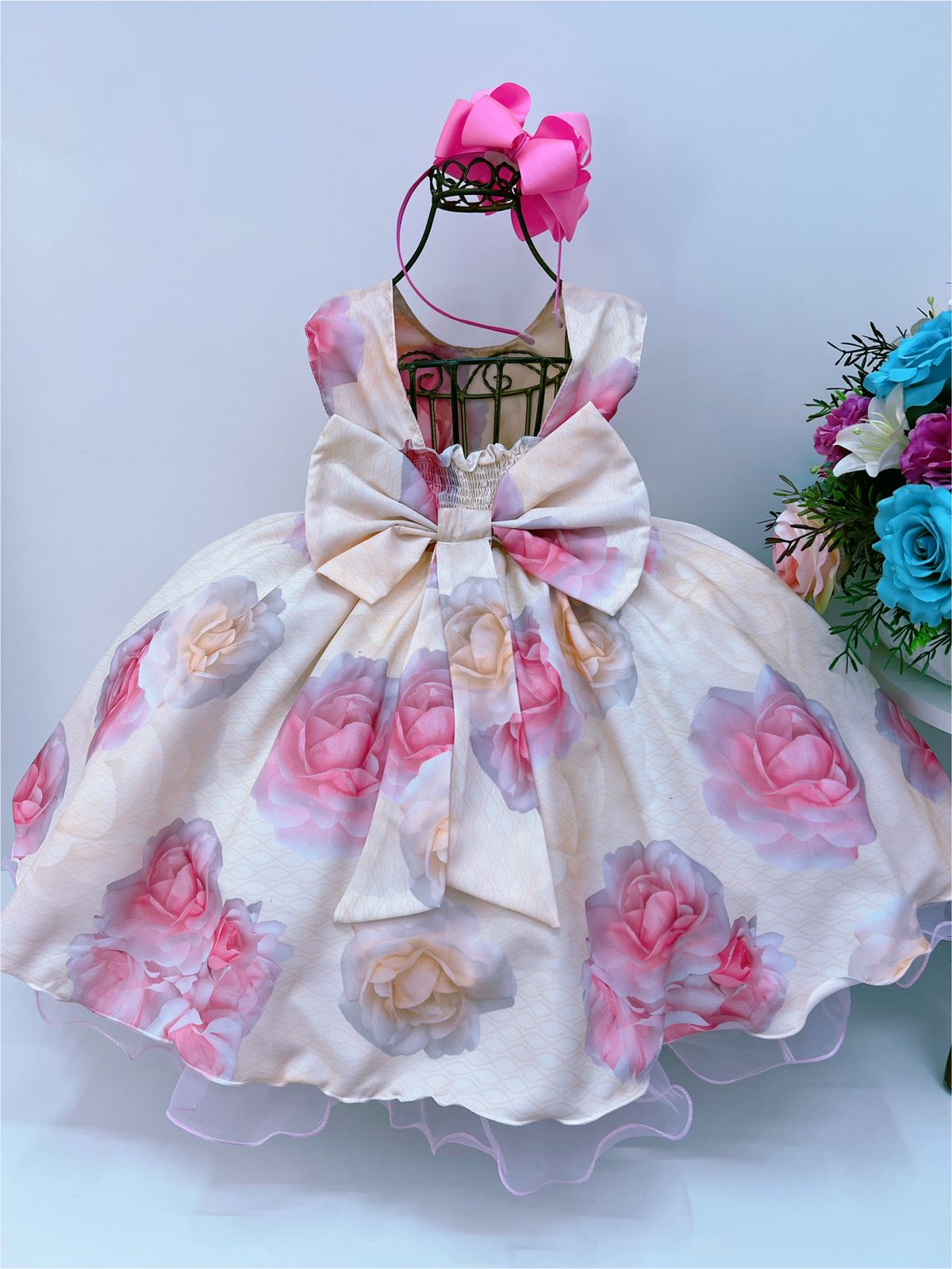 Vestido Infantil Amarelo Com Rosas Cinto De Pérolas