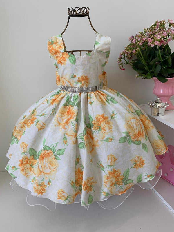 Vestido Infantil Amarelo Floral Luxo Princesa Cinto Strass