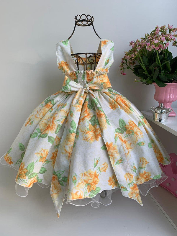 Vestido Infantil Amarelo Floral Luxo Princesa Cinto Strass