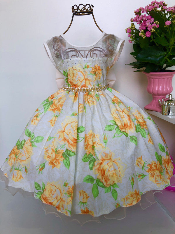 Vestido Infantil Amarelo Floral Luxo Princesas Cinto Pérolas