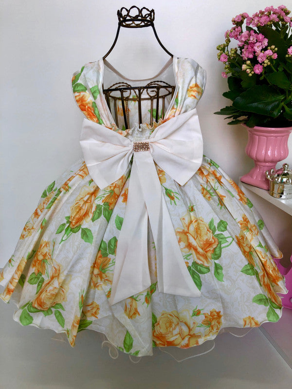 Vestido Infantil Amarelo Floral Luxo Princesas Cinto Pérolas