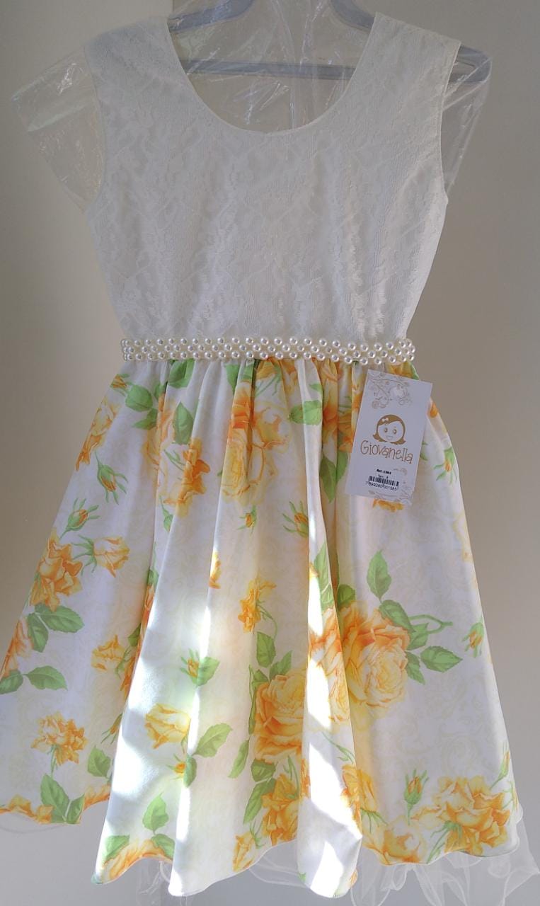 Vestido Infantil Amarelo Floral Renda Cinto Perolas