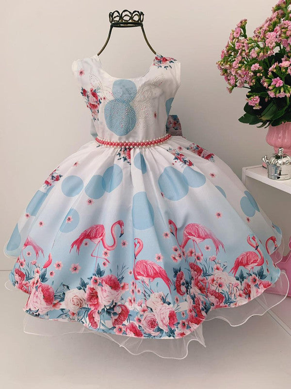 Vestido Infantil Azul Claro Flamingos Floral Luxo Pérolas