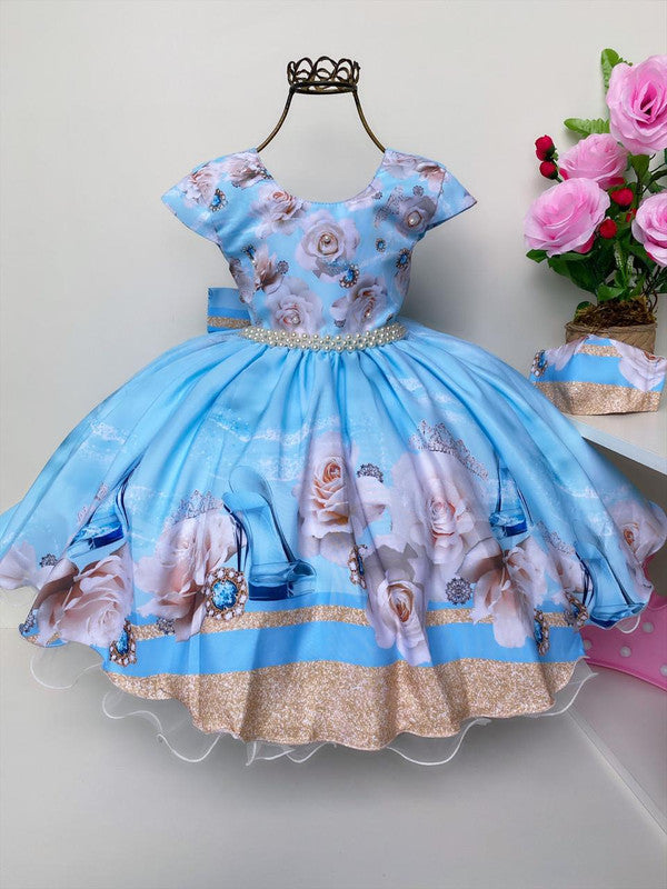 Vestido Infantil Azul Claro Floral Cinto Pérolas Luxo Festas