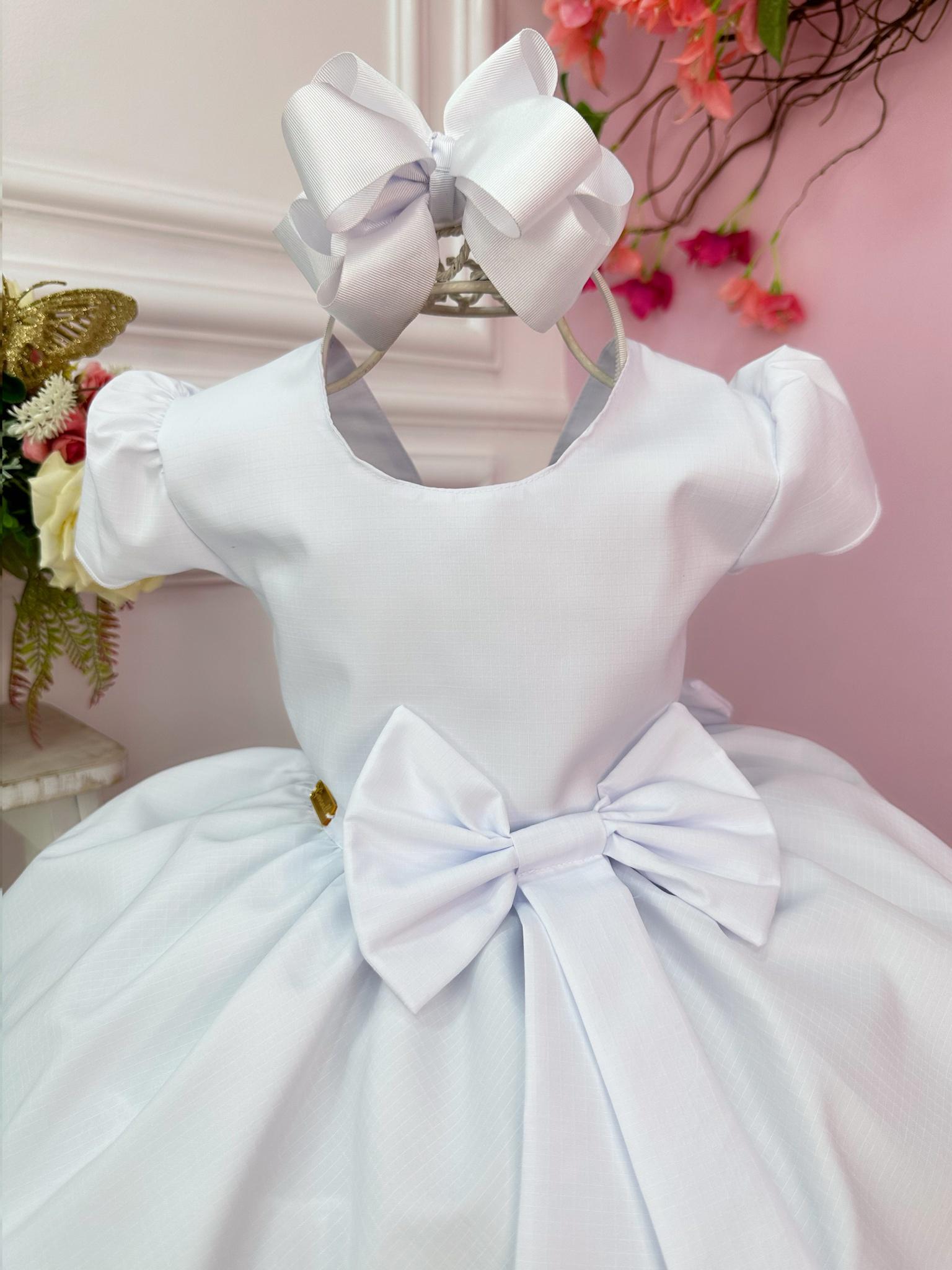 Vestido Infantil Branco Liso Aplique Laço Damas Formaturas