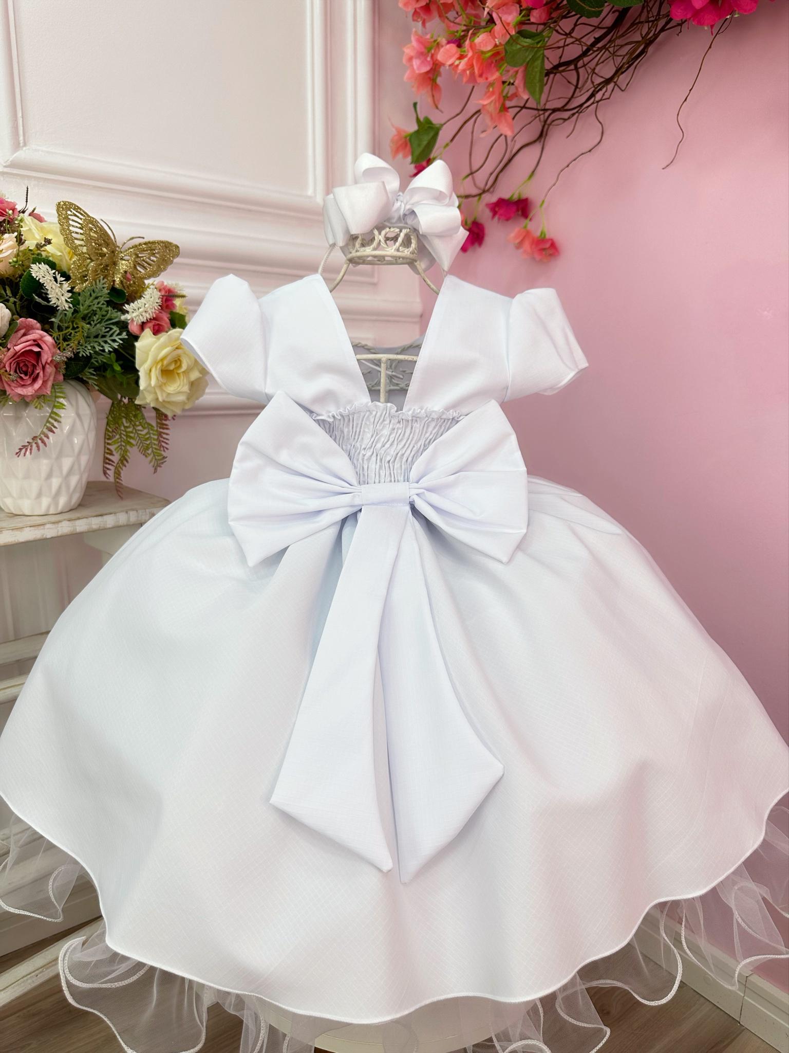 Vestido Infantil Branco Liso Aplique Laço Damas Formaturas