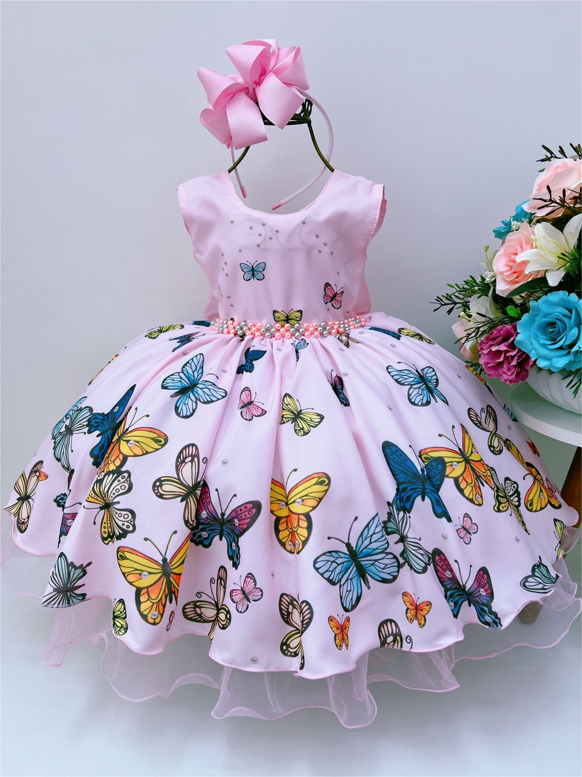 Vestido Infantil Jardim das Borboletas Rosa Luxo Festa