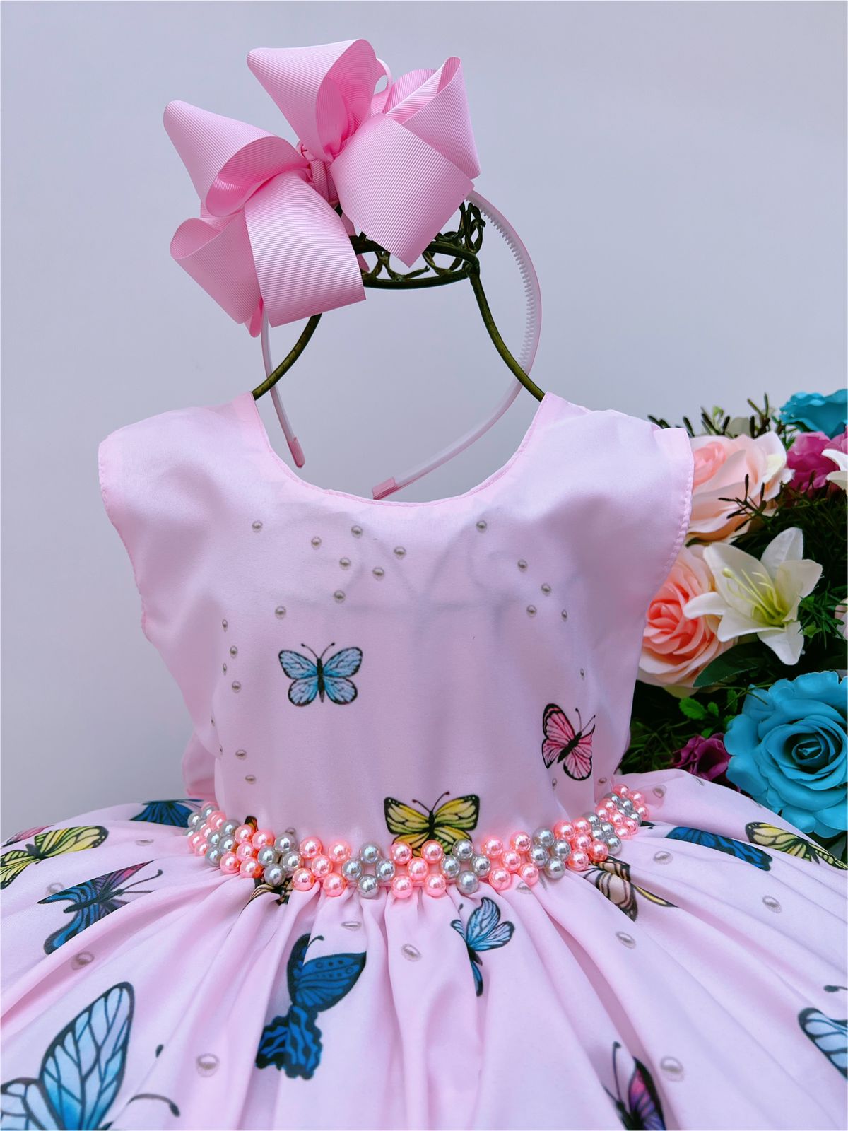 Vestido Infantil Jardim das Borboletas Rosa Luxo Festa