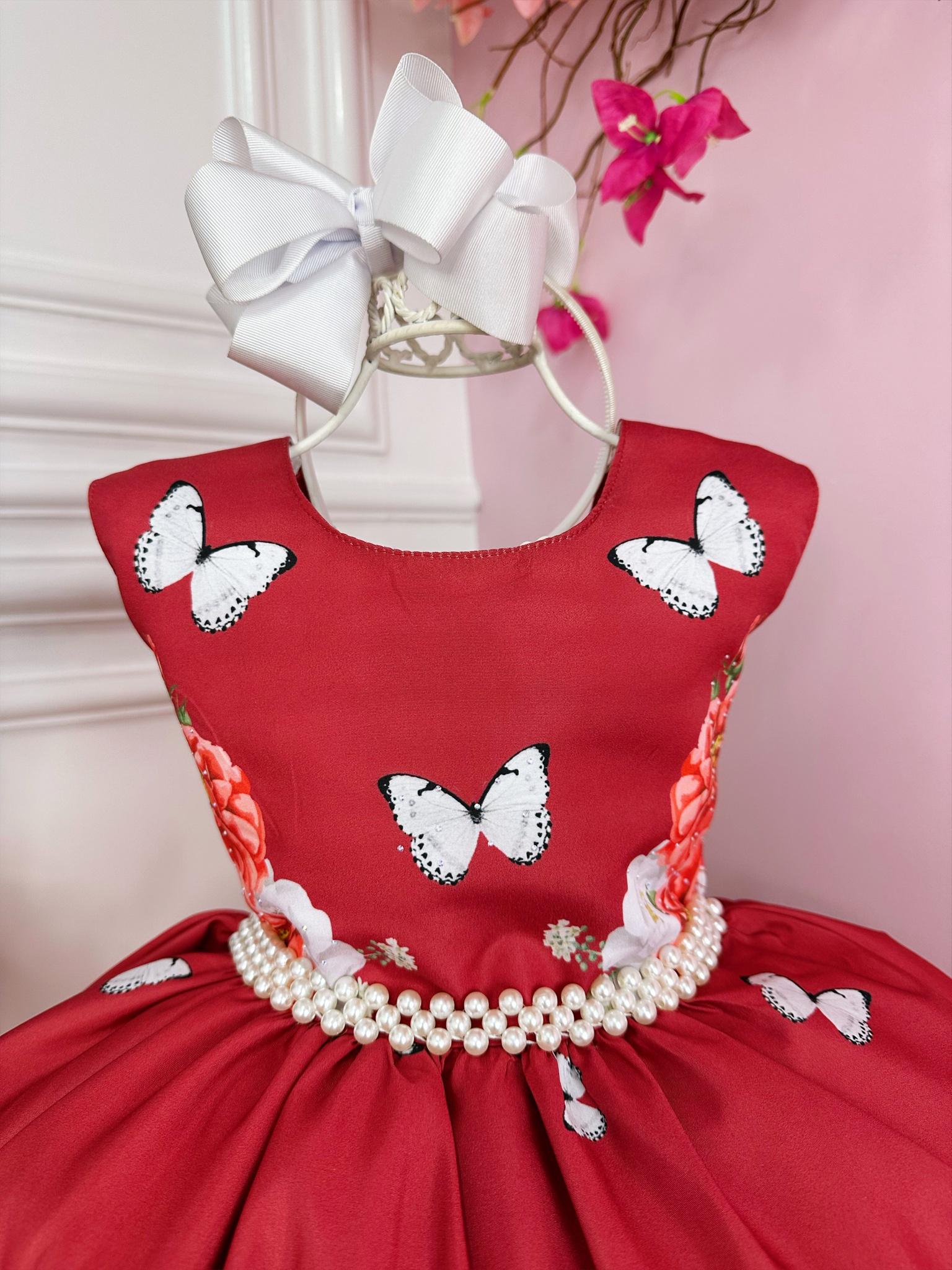 Vestido Infantil Marsala Jardim Das Borboletas Luxo Floral