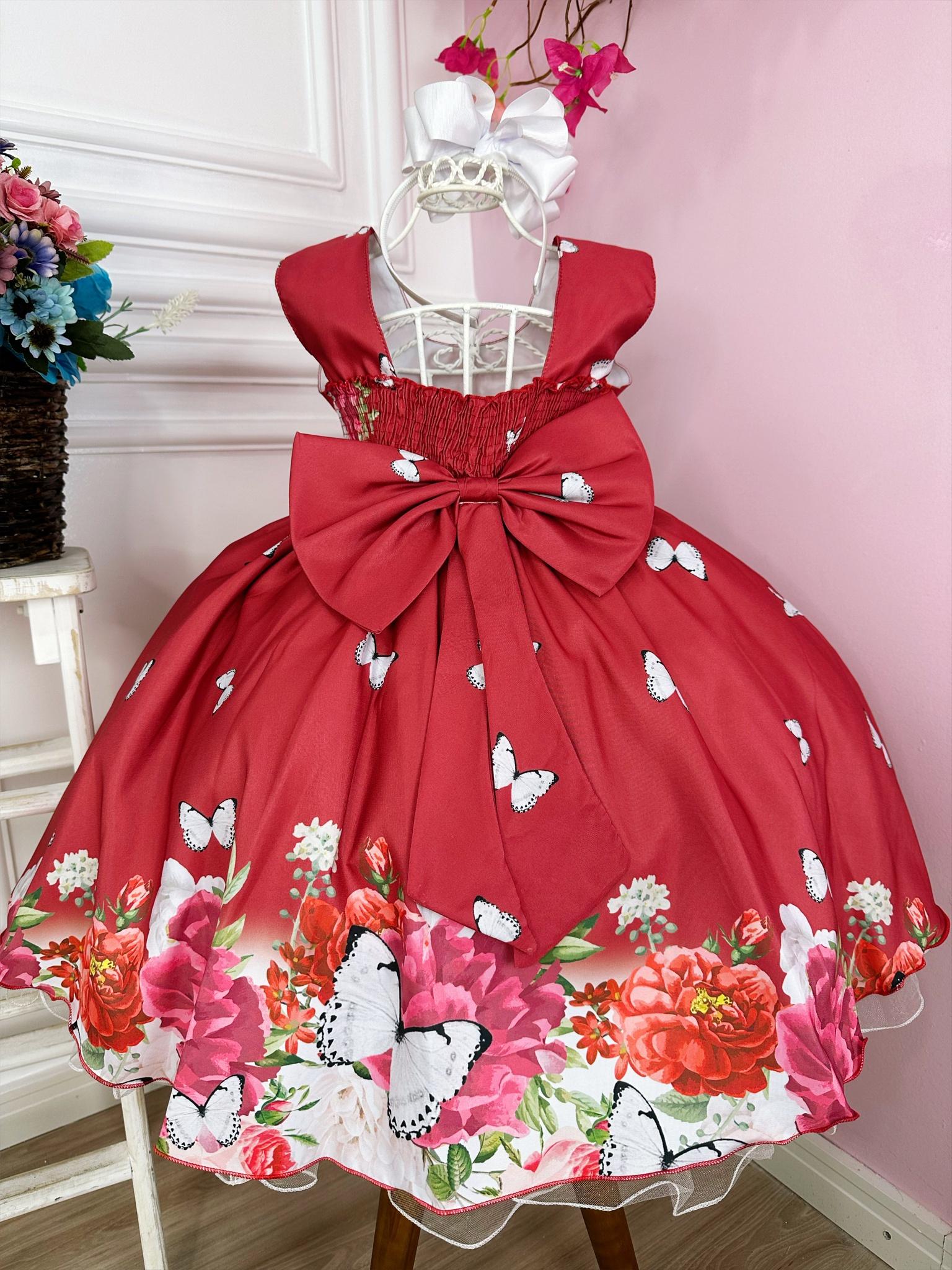 Vestido Infantil Marsala Jardim Das Borboletas Luxo Floral