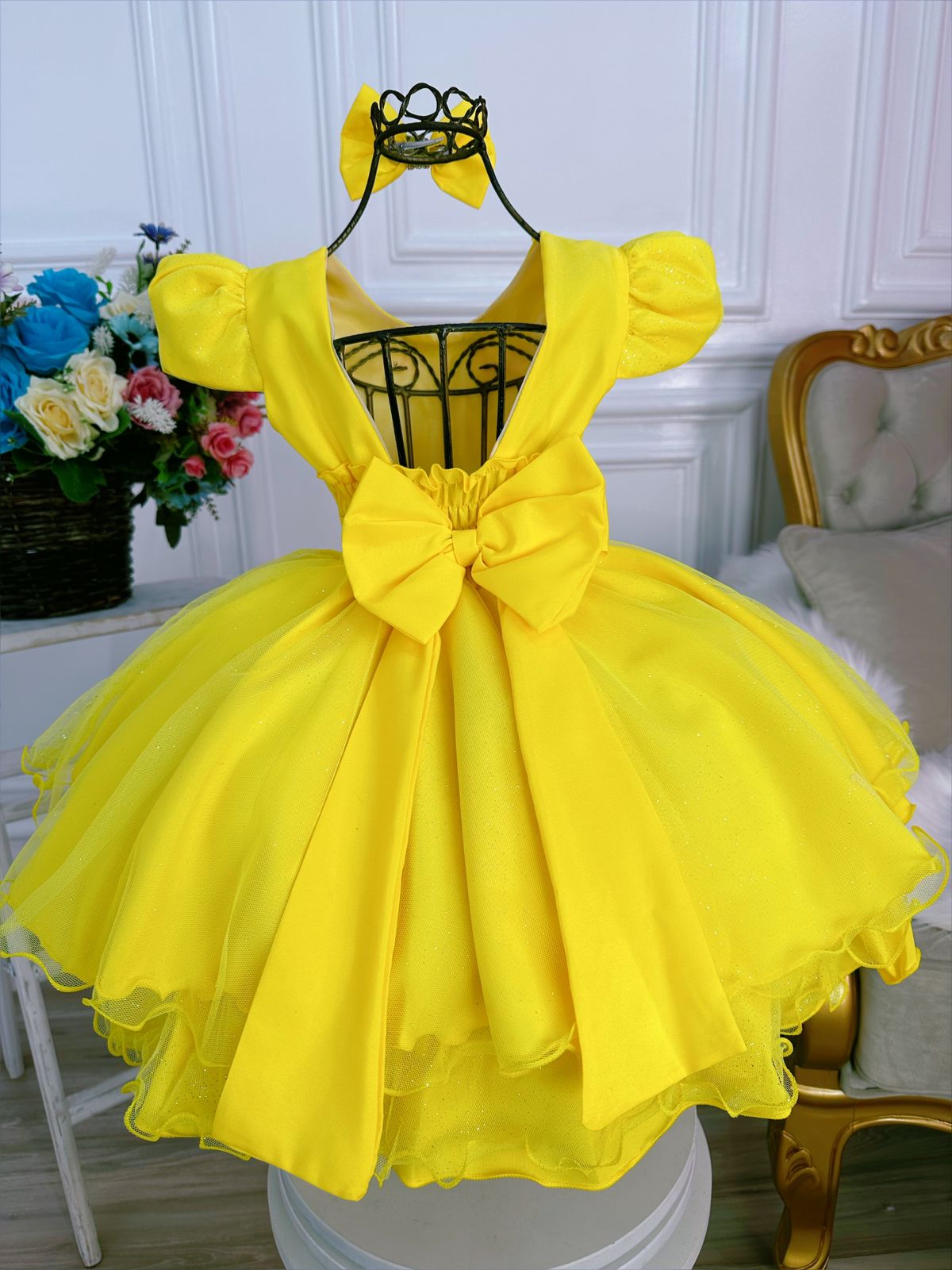 Vestido Infantil Amarelo Aplique Borboletas C/ Laço Glitter