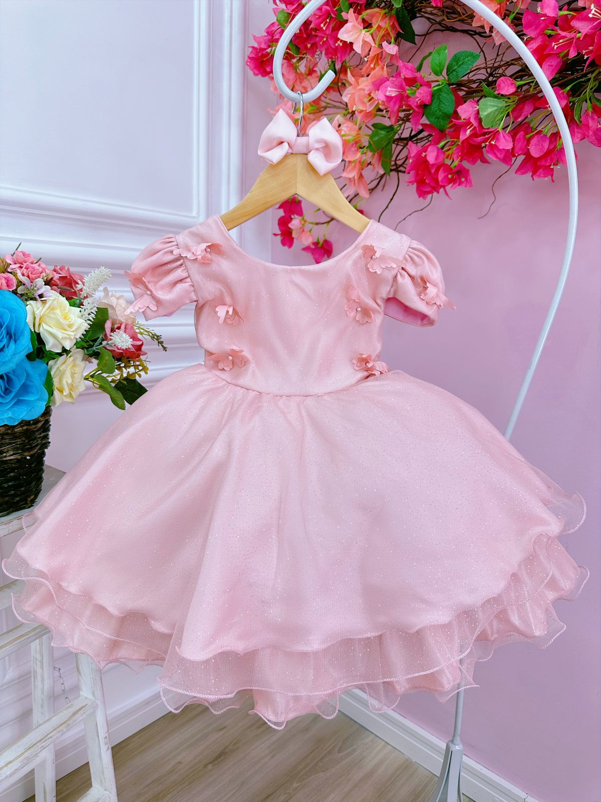 Vestido Infantil Rose C/ Aplique de Borboletas Laço e Glitter