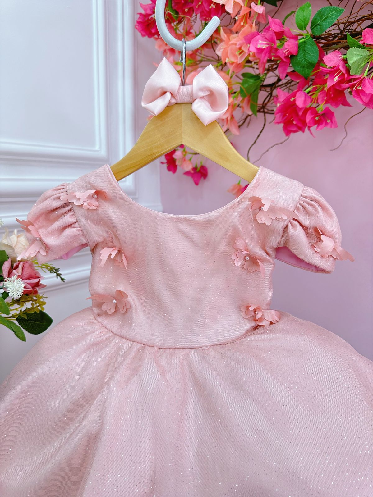 Vestido Infantil Rose C/ Aplique de Borboletas Laço e Glitter