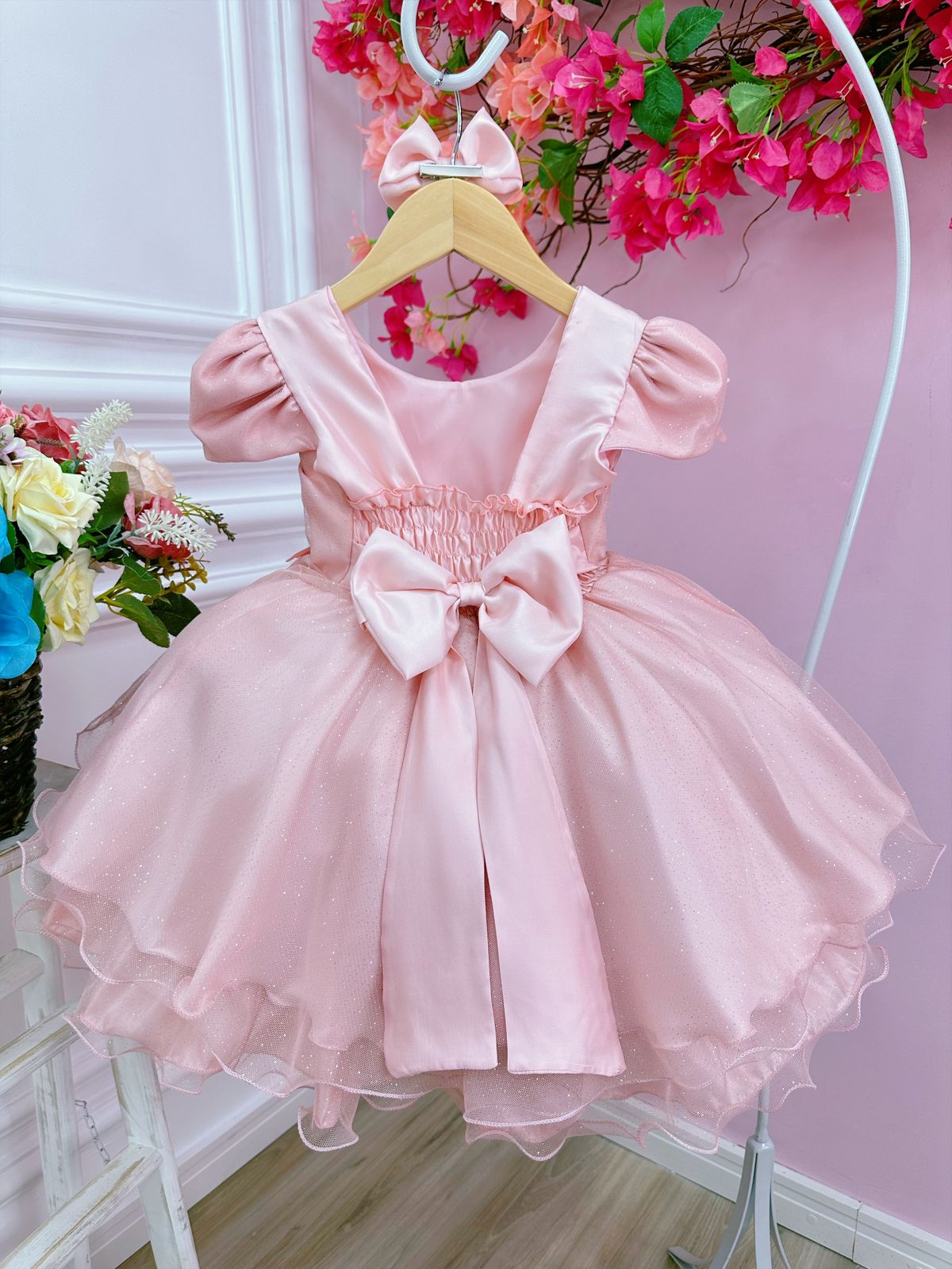 Vestido Infantil Rose C/ Aplique de Borboletas Laço e Glitter