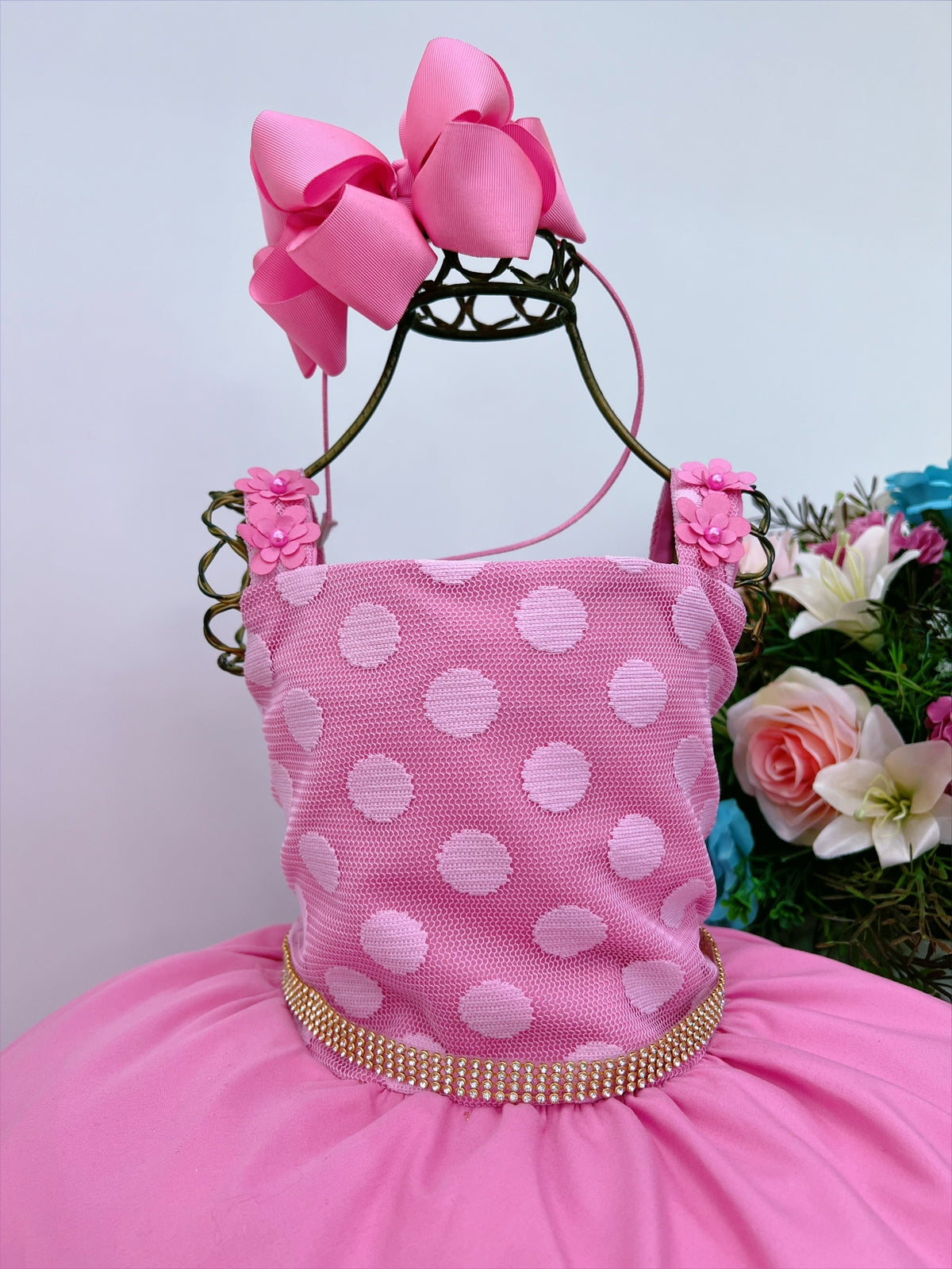 Vestido Infantil Rosa Chiclete Bolinhas Aplique Flores Strass