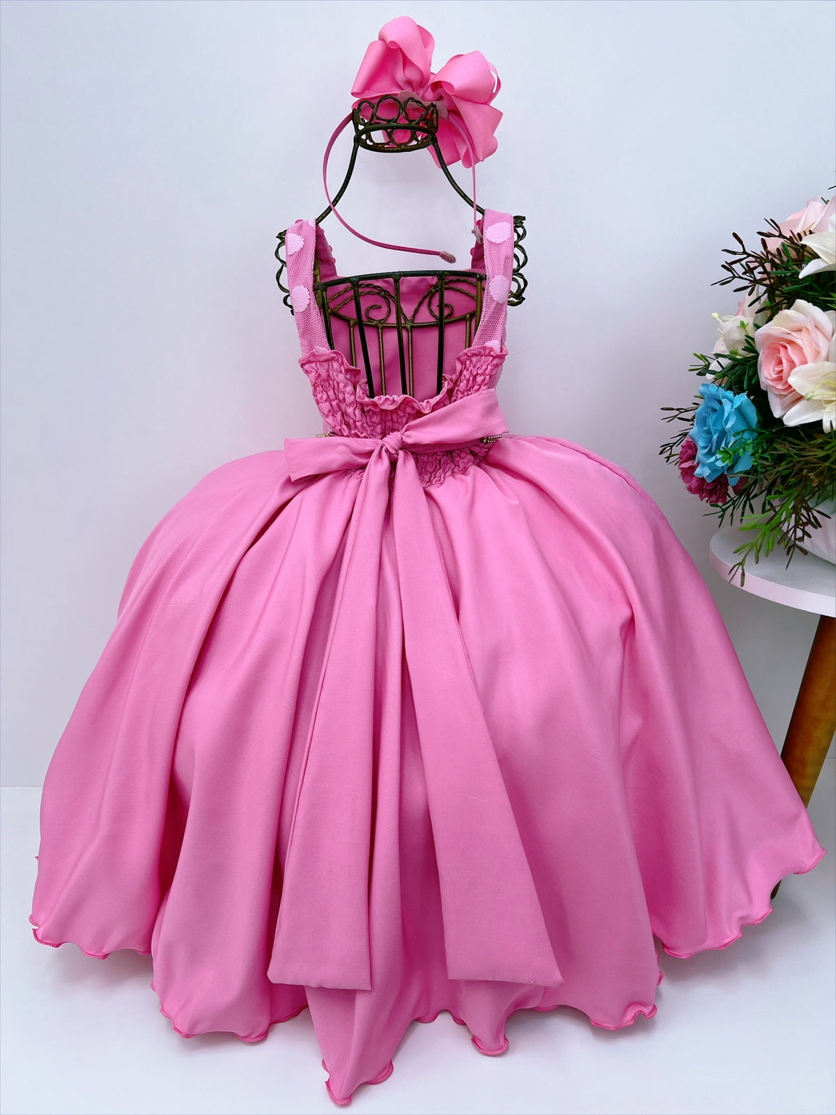 Vestido Infantil Rosa Chiclete Bolinhas Aplique Flores Strass