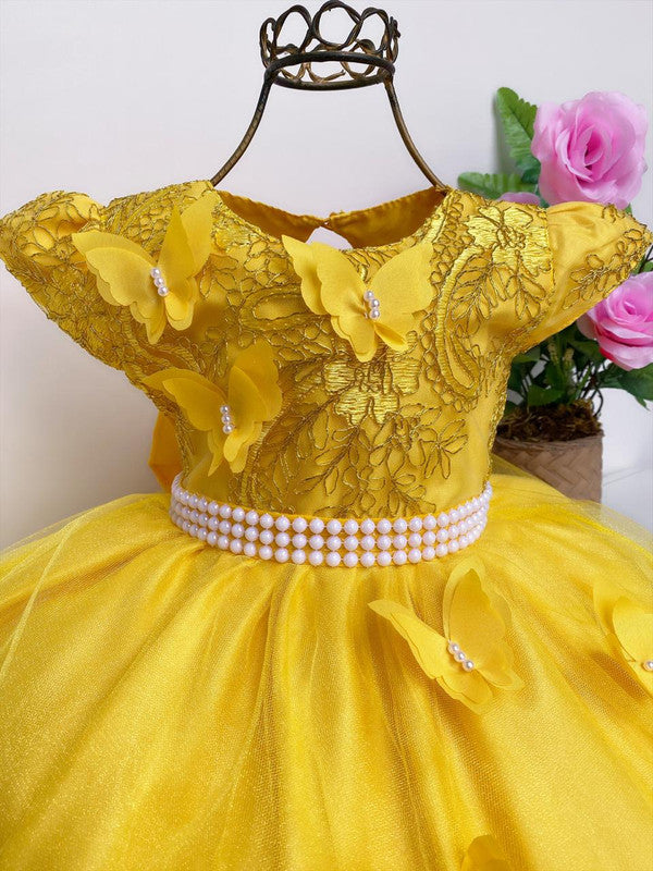 Vestido Infantil Amarelo com Pérolas Renda Aplique Borboletas