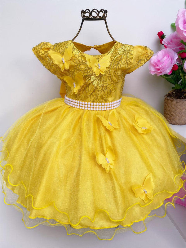 Vestido Infantil Amarelo com Pérolas Renda Aplique Borboletas