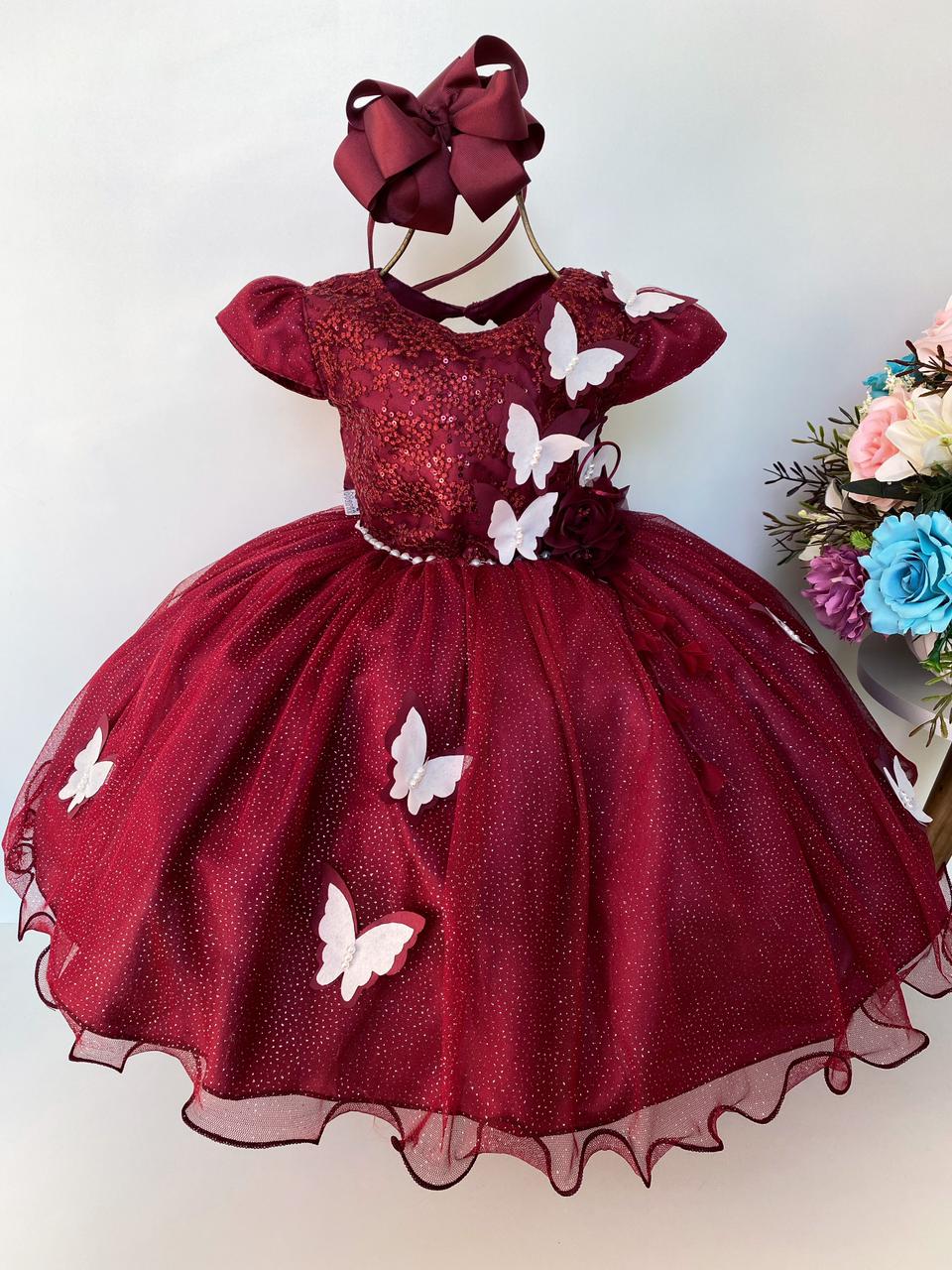 Vestido Infantil Aplique de Borboletas Marsala e Branco Luxo