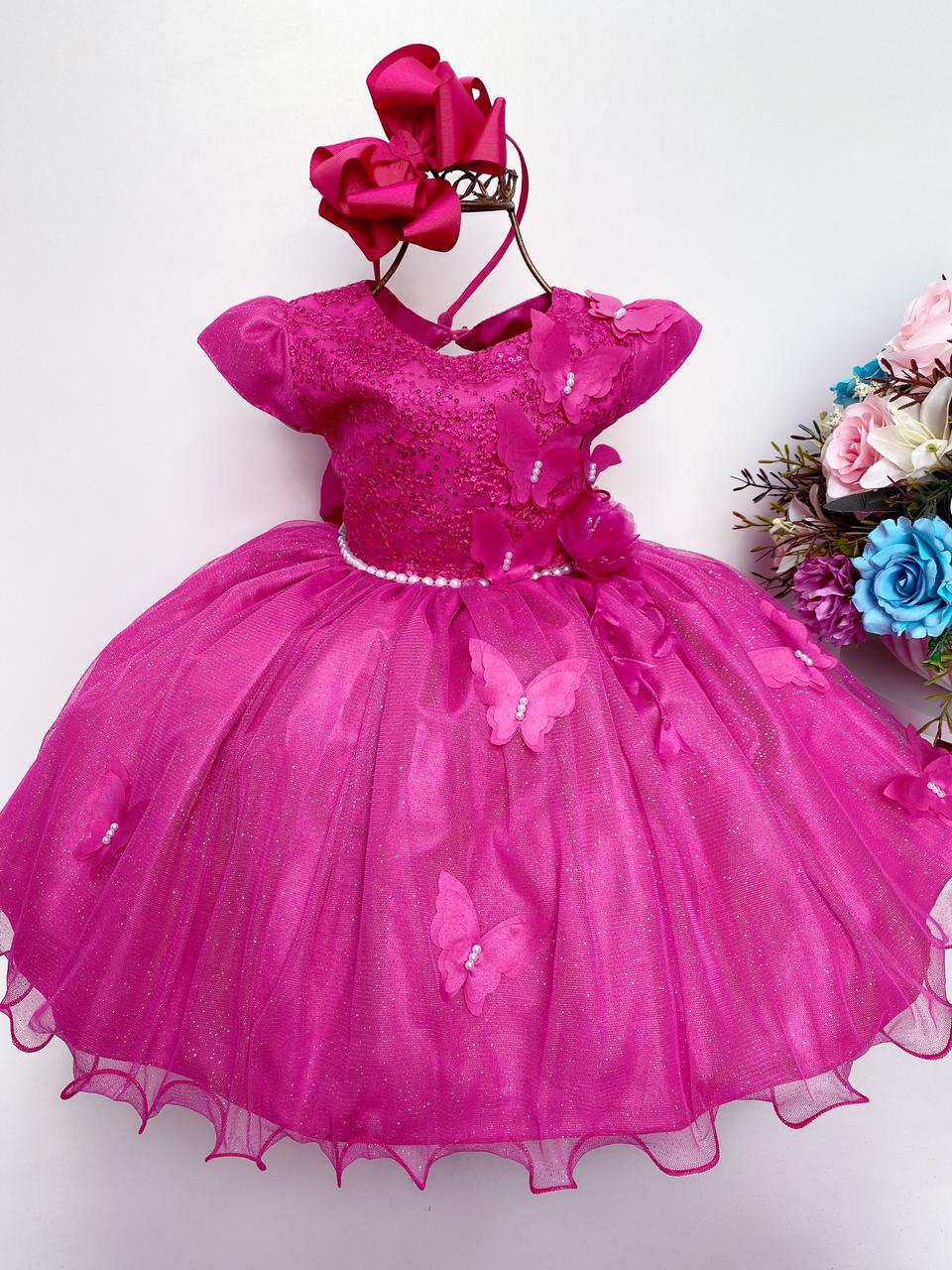 Vestido Infantil Aplique de Borboletas Flor Pink Brilho Luxo