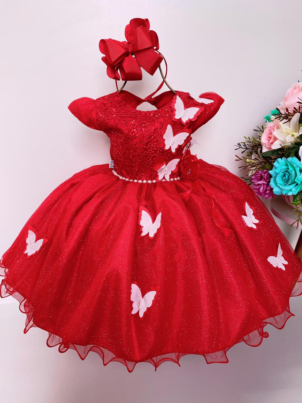 Vestido Infantil Aplique de Borboletas Vermelho C/ Branco